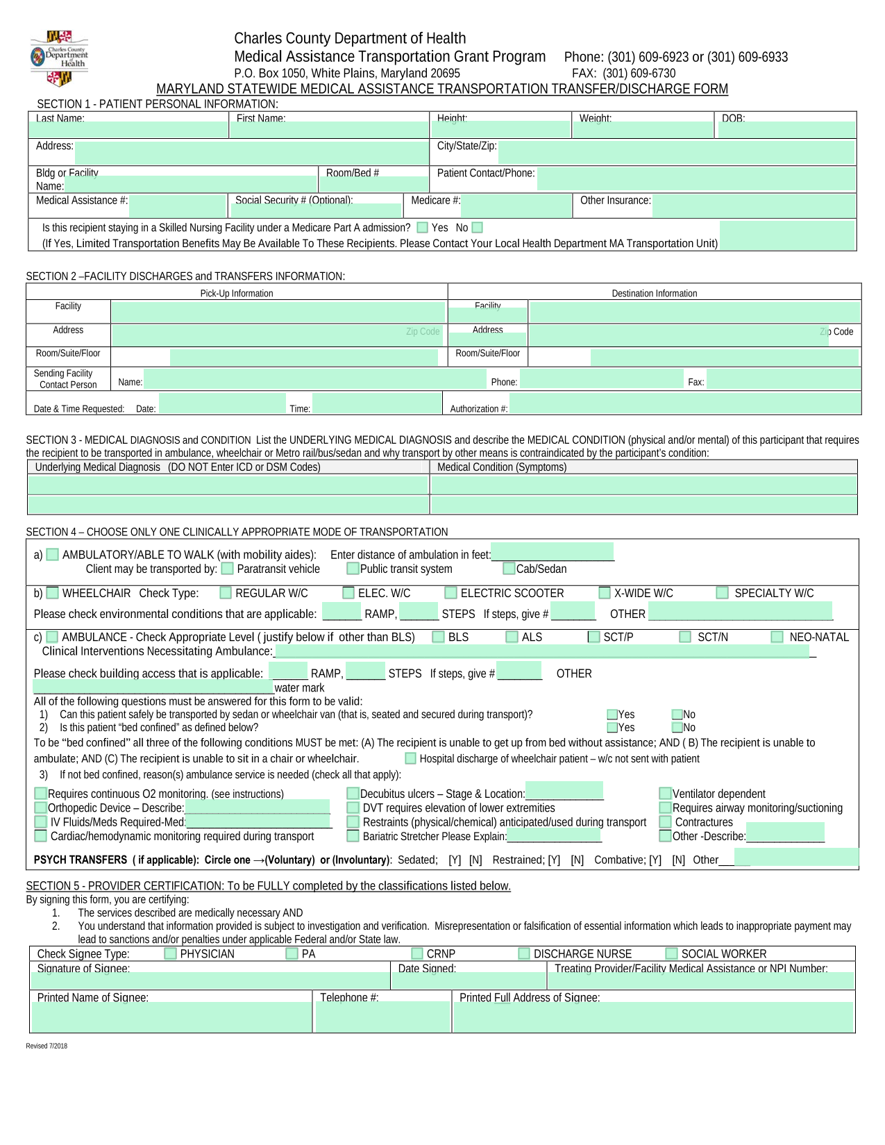 Maryland Statewide Medical Assistance Transportation TransferDischarge Form screenshot