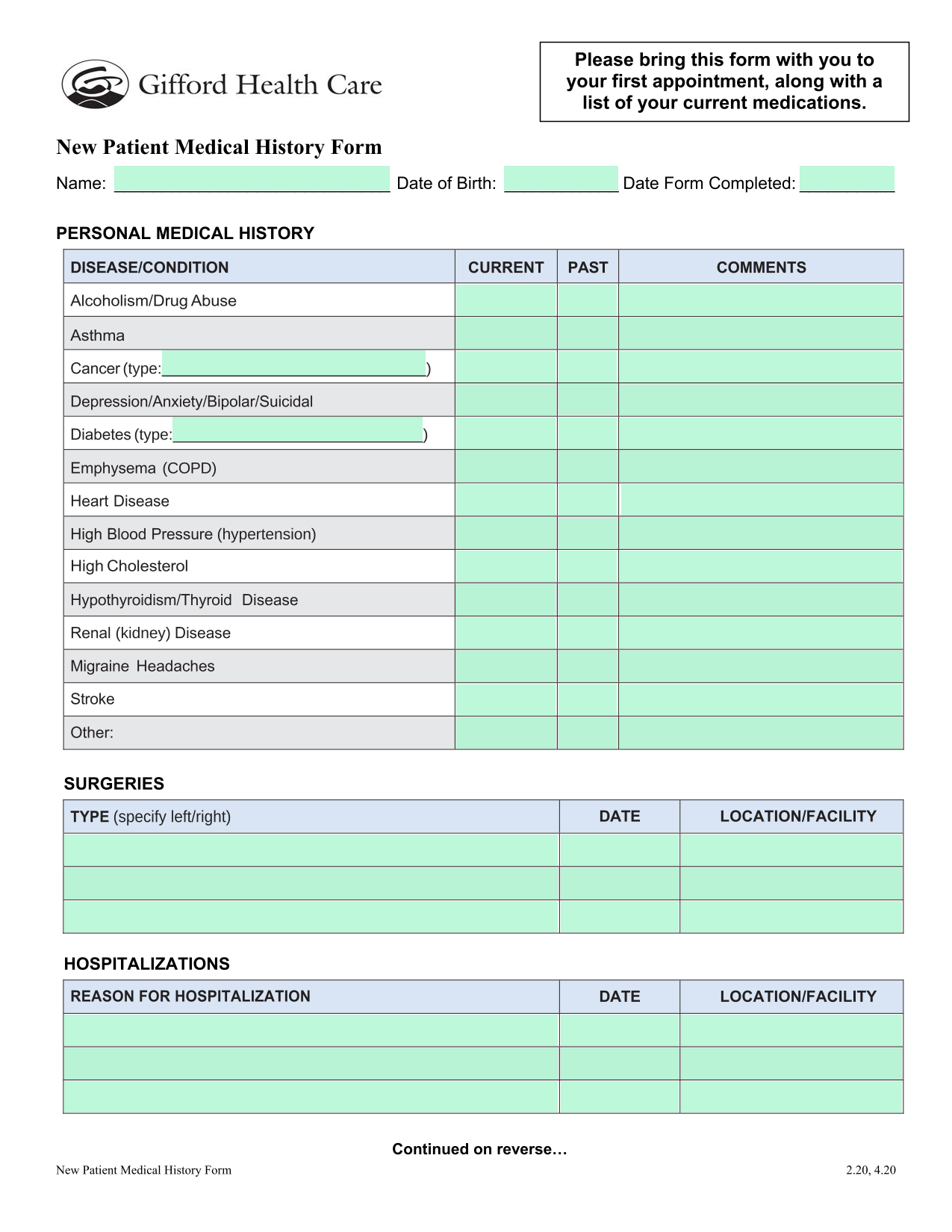 New Patient Medical History Form screenshot