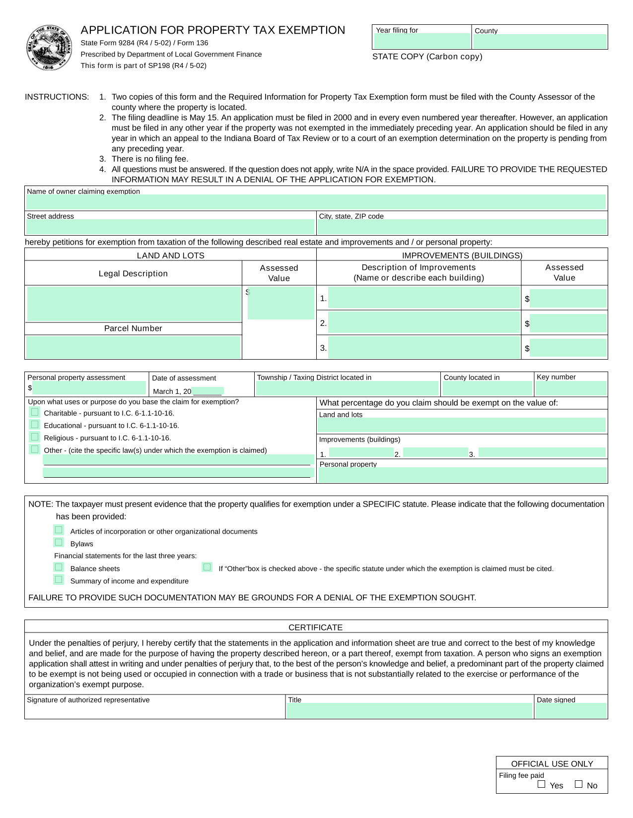 APPLICATION FOR PROPERTY TAX EXEMPTION screenshot