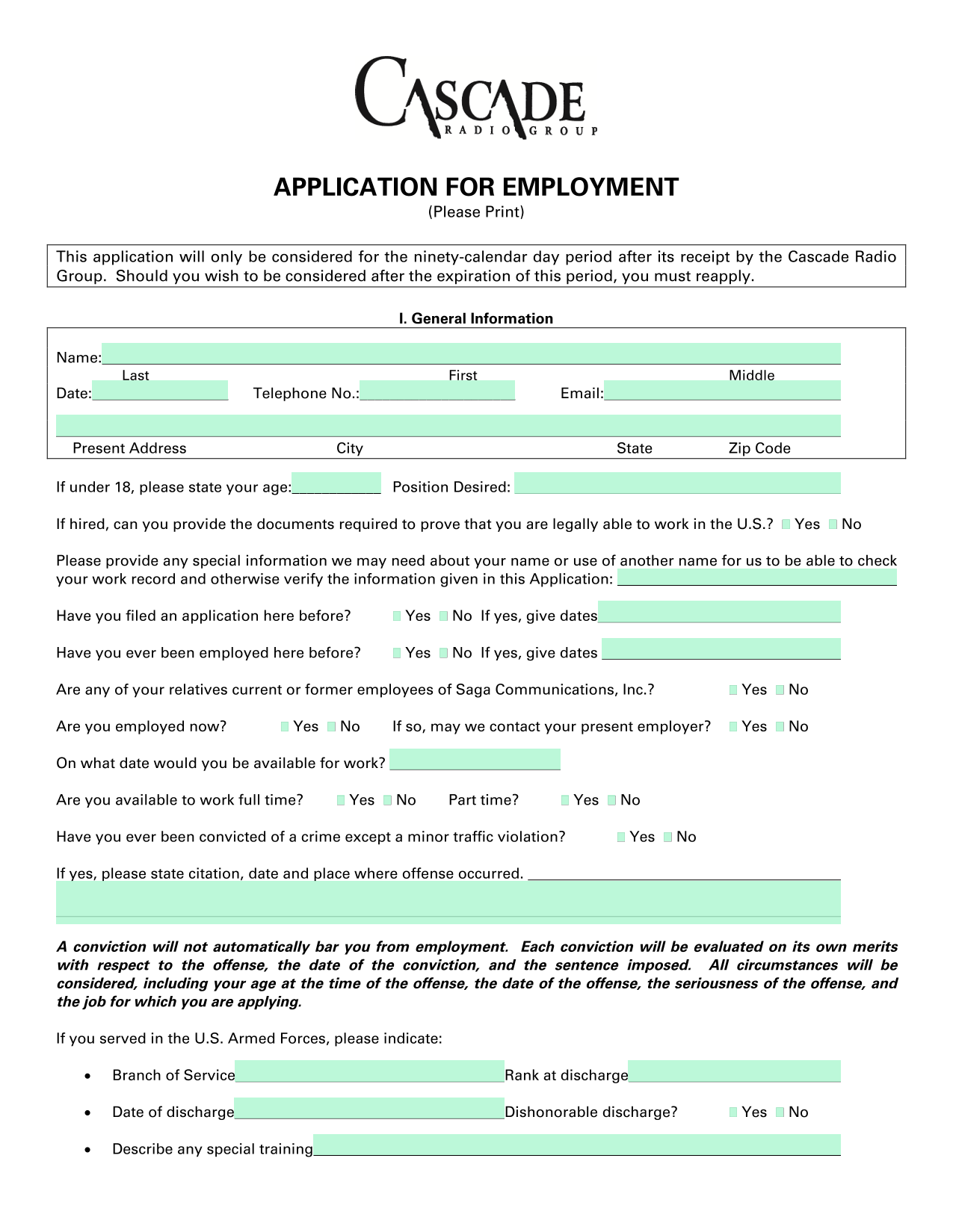 APPLICATION FOR EMPLOYMENT screenshot