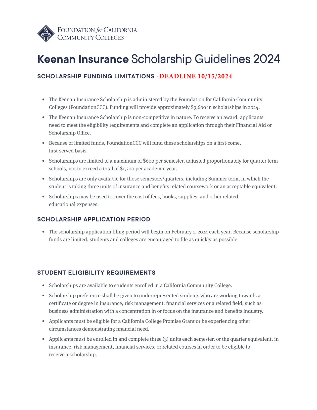 Keenan Insurance Scholarship Guidelines 2024 screenshot