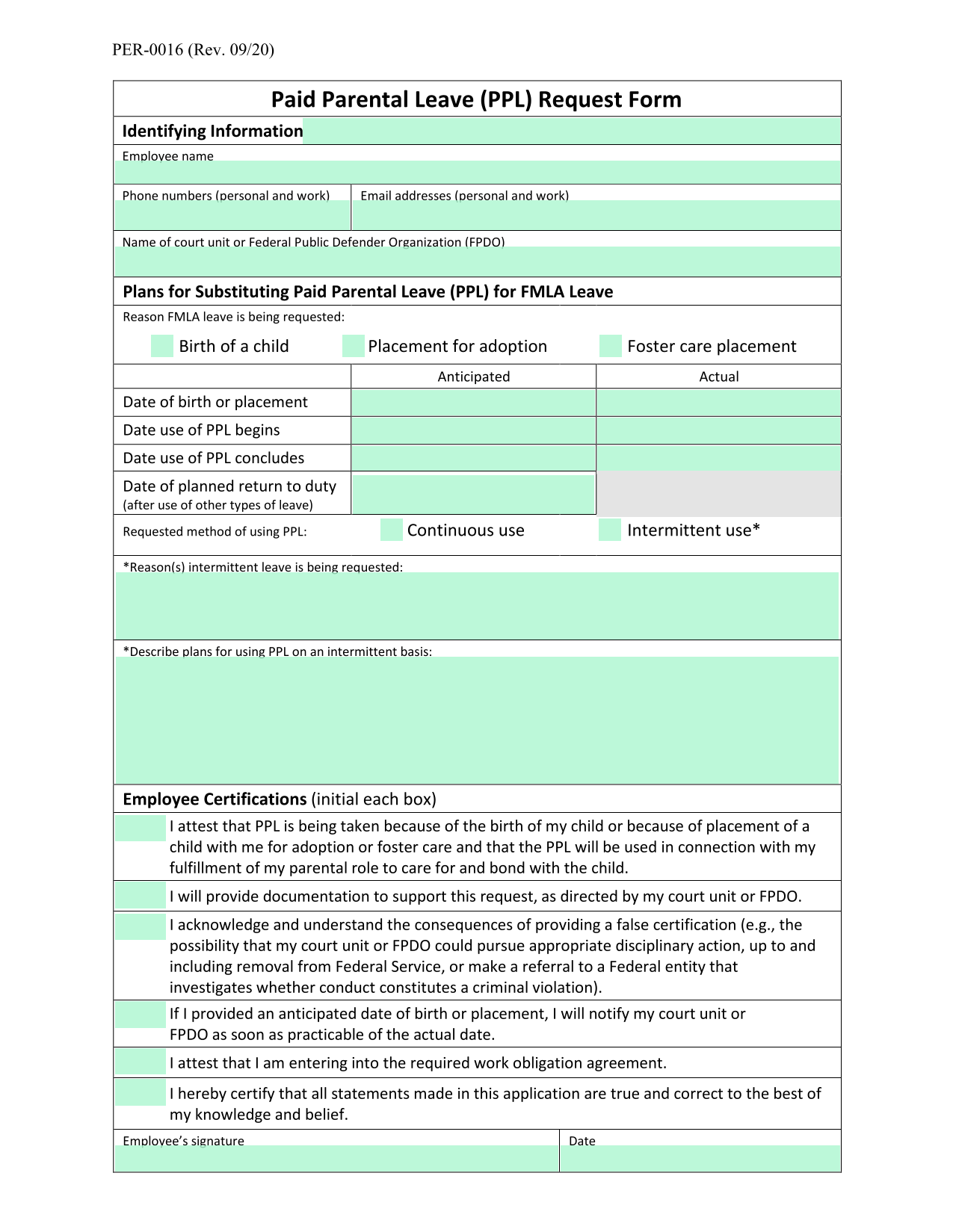 Paid Parental Leave (PPL) Request Form screenshot