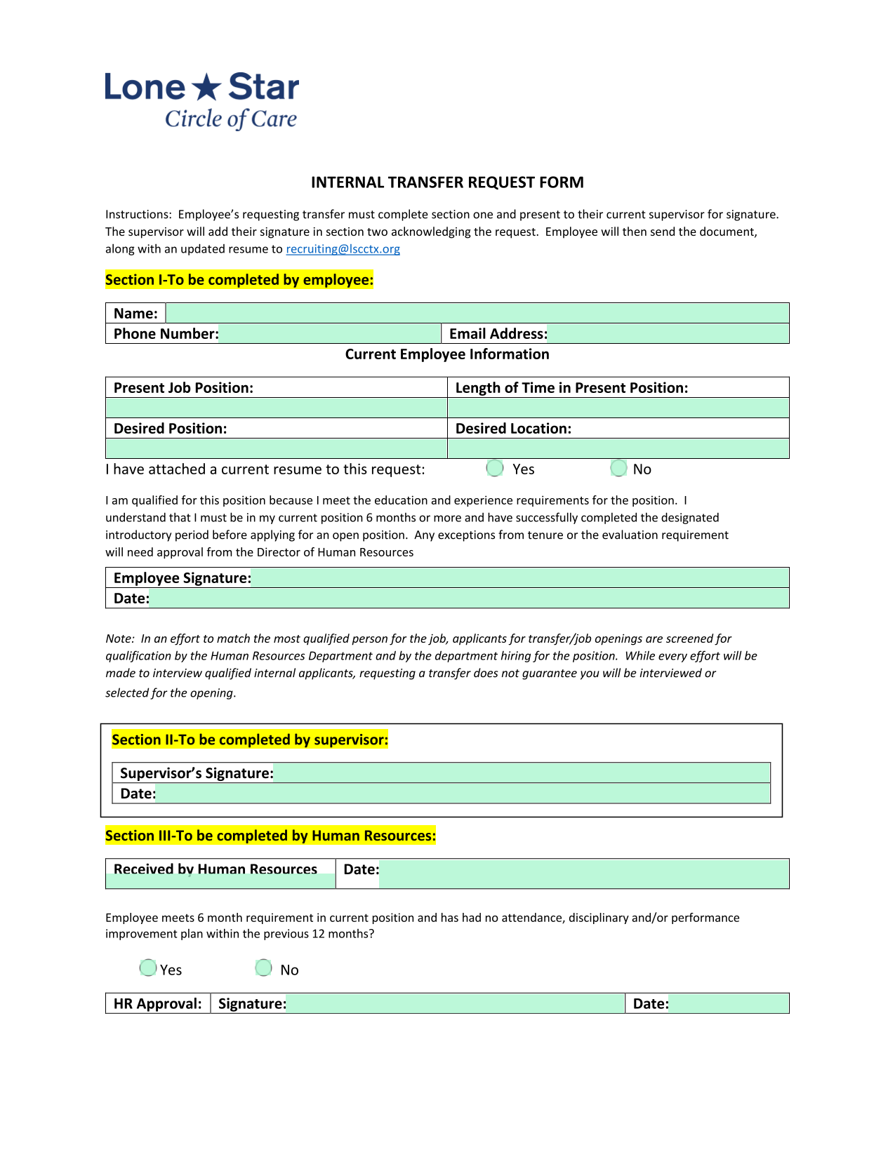 Internal Transfer Request Form screenshot