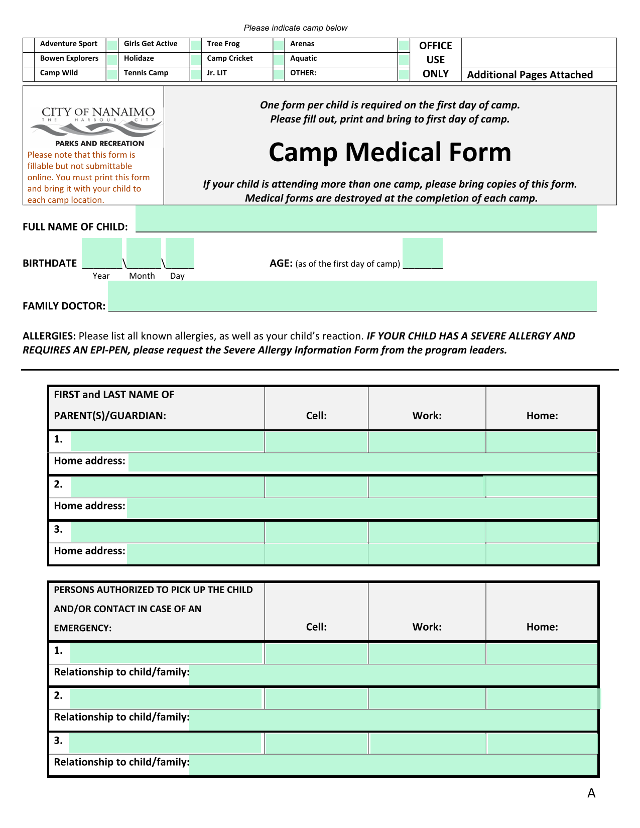 Camp Medical Form screenshot
