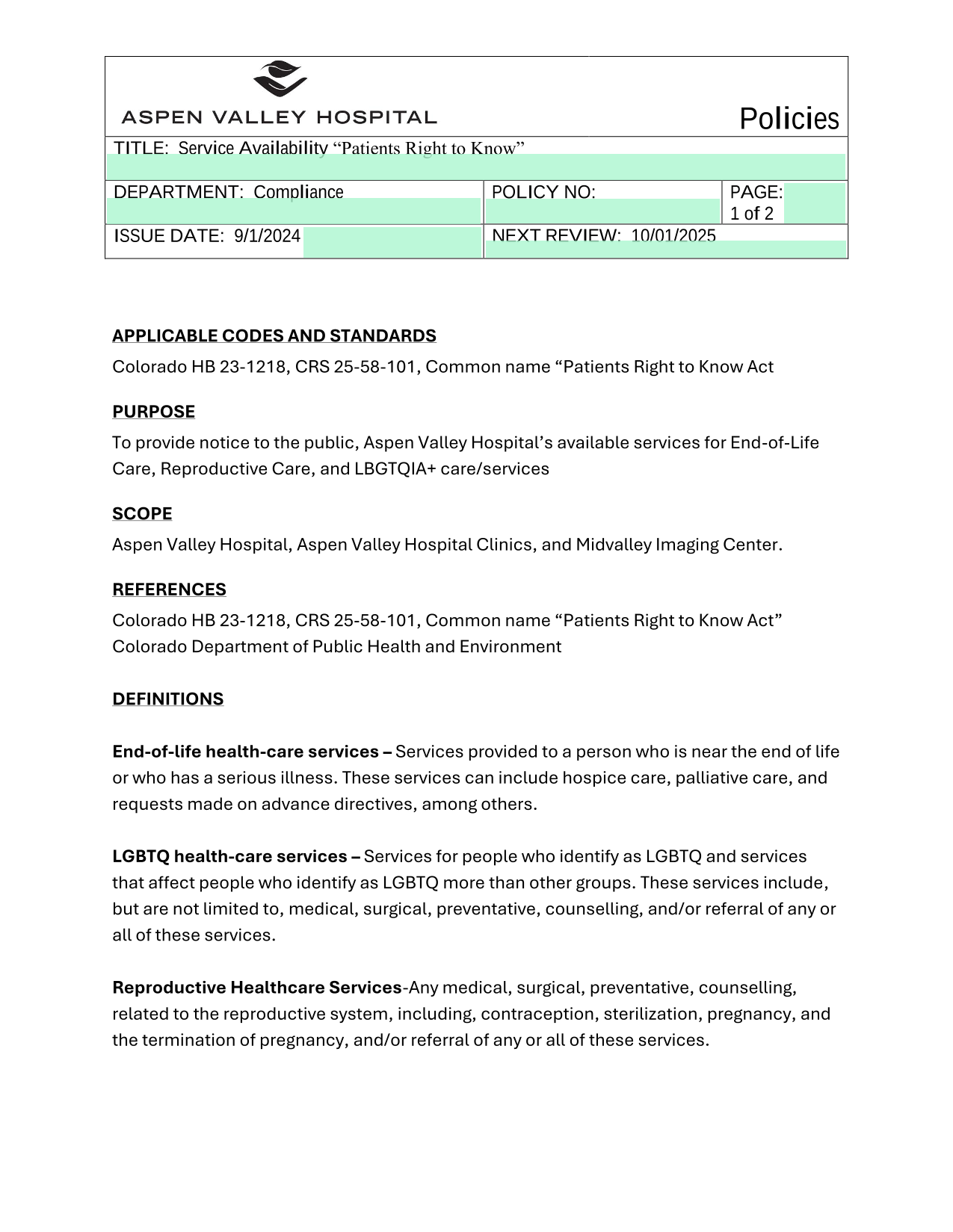 Service Availability Patients Right To Know screenshot