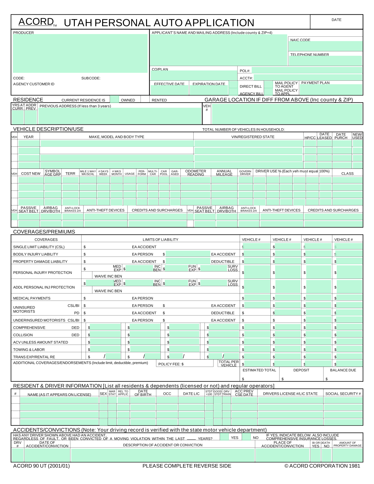 Auto Insurance Application Form screenshot