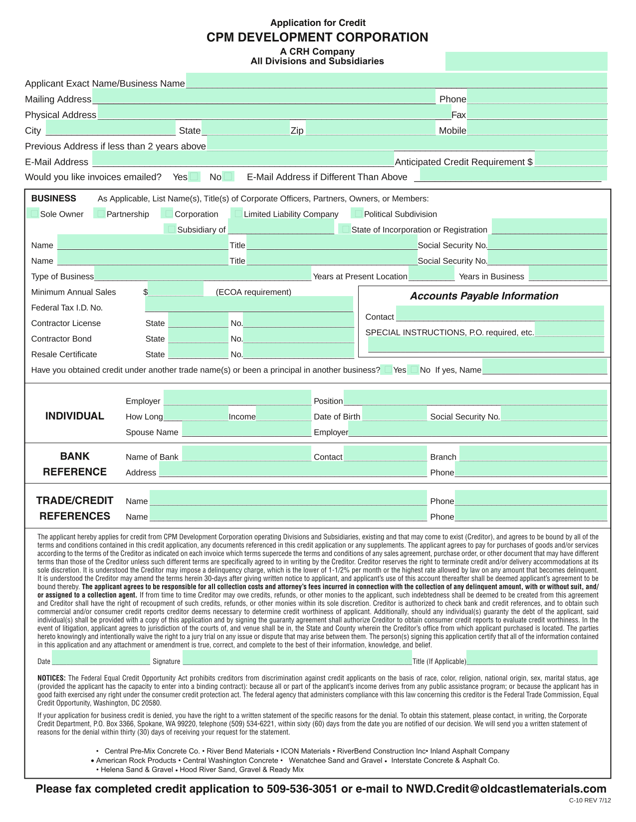 Application For Credit screenshot