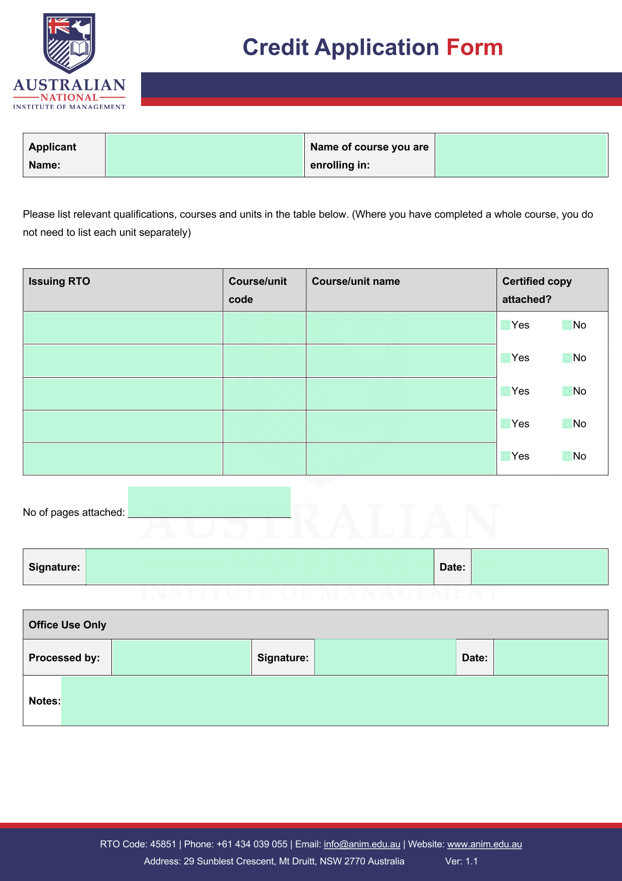 Credit Application Form screenshot