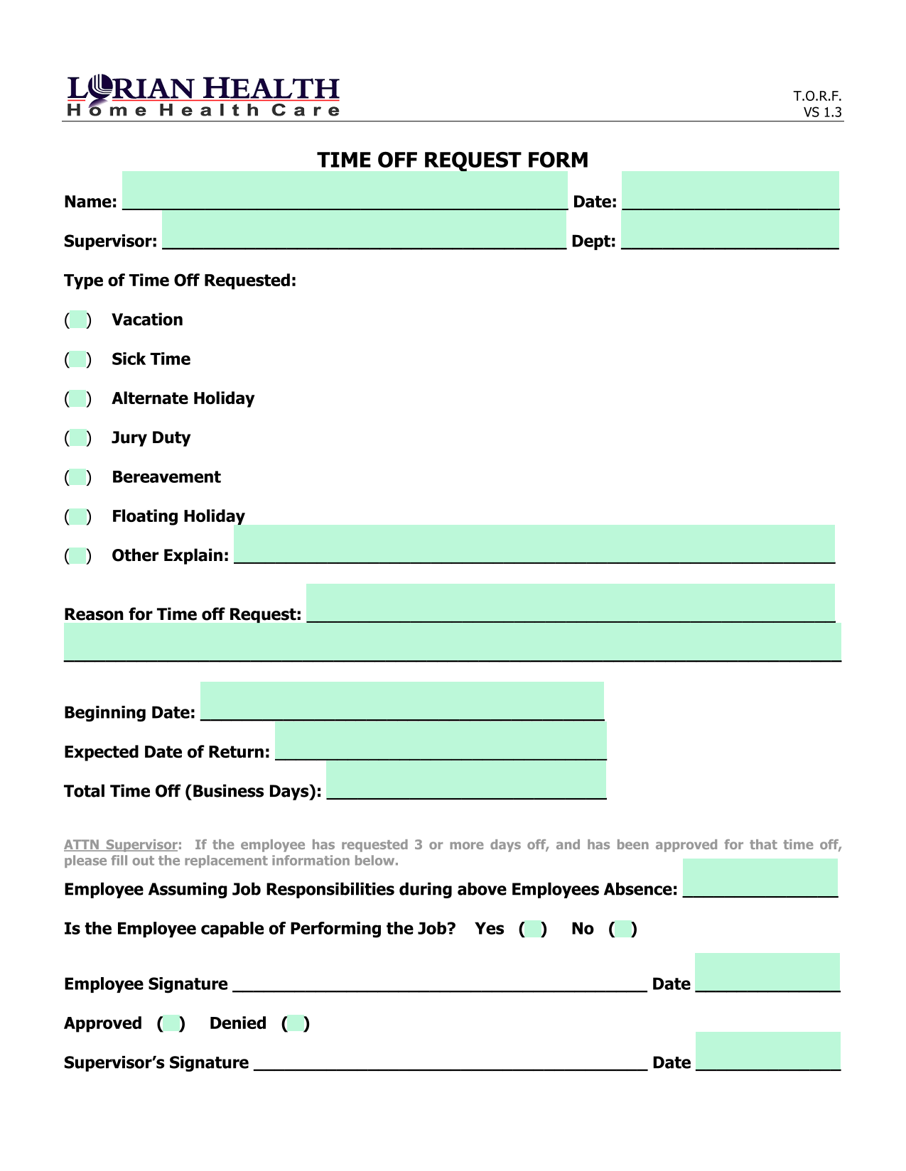 Time Off Request Form screenshot