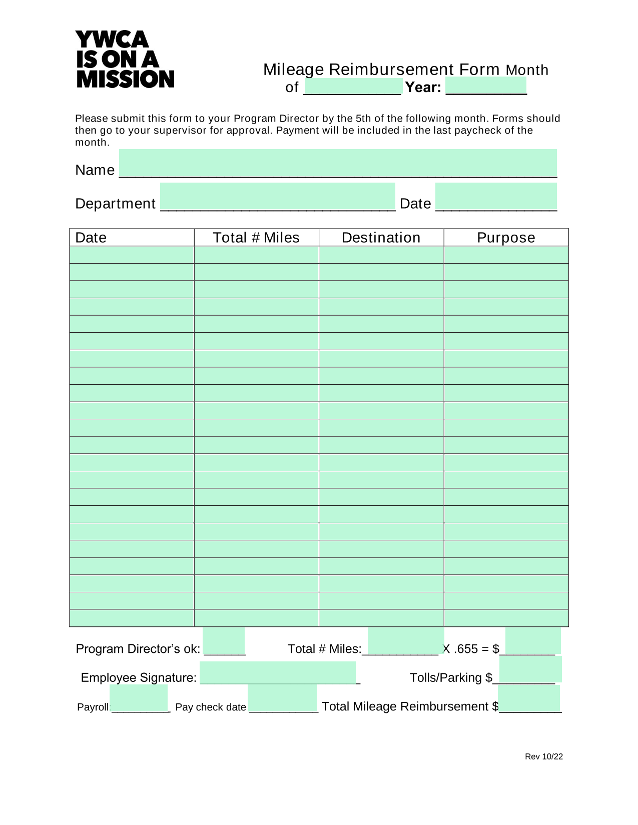 Mileage Reimbursement Form screenshot