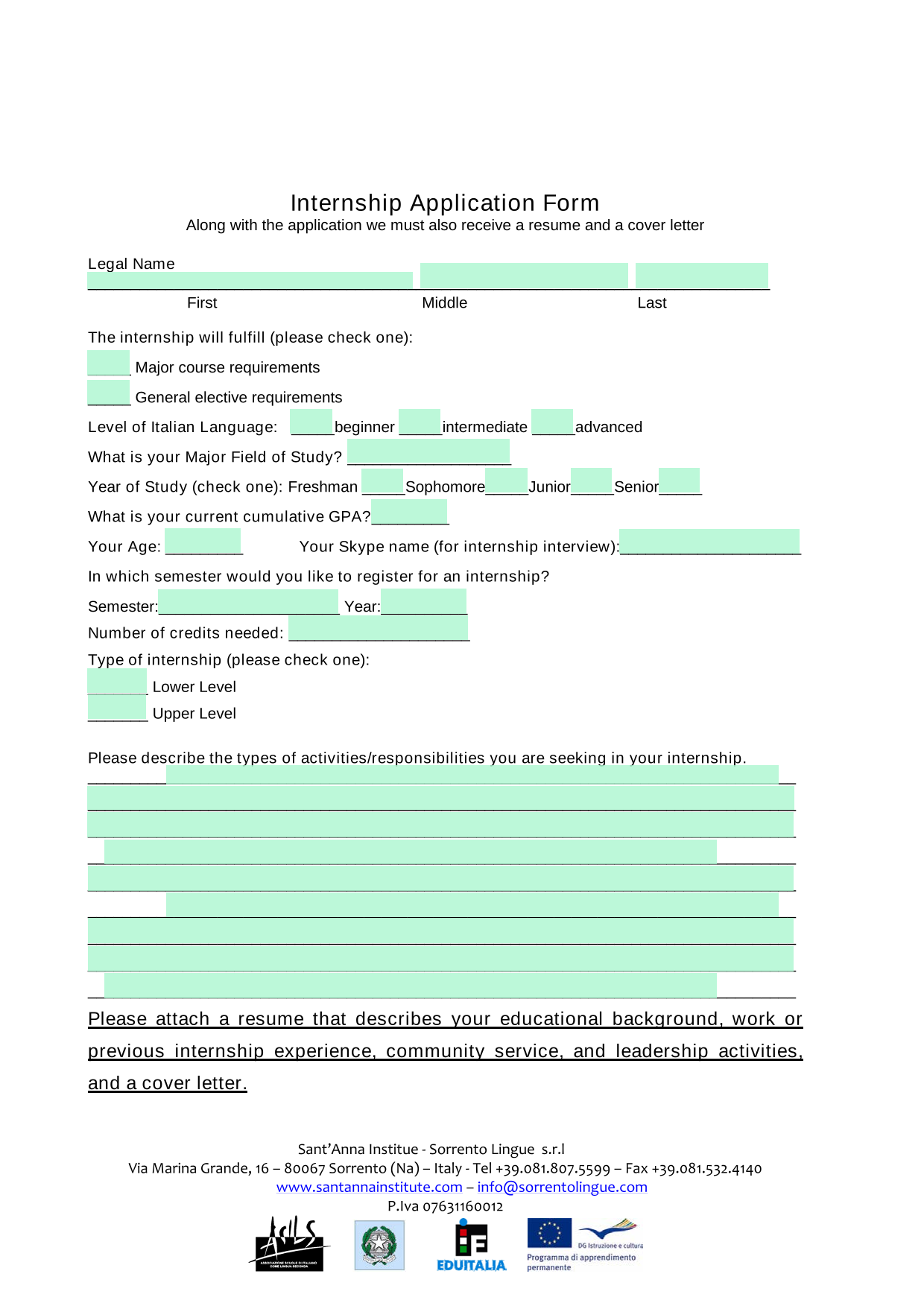 Internship Application Form screenshot