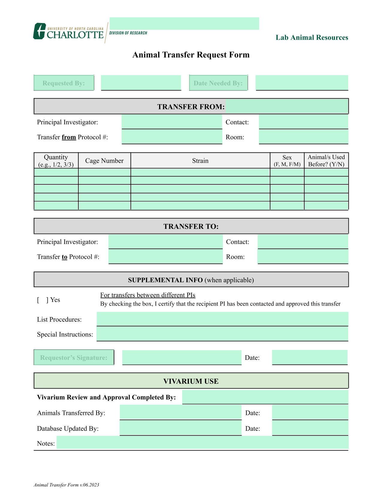Animal Transfer Request Form screenshot