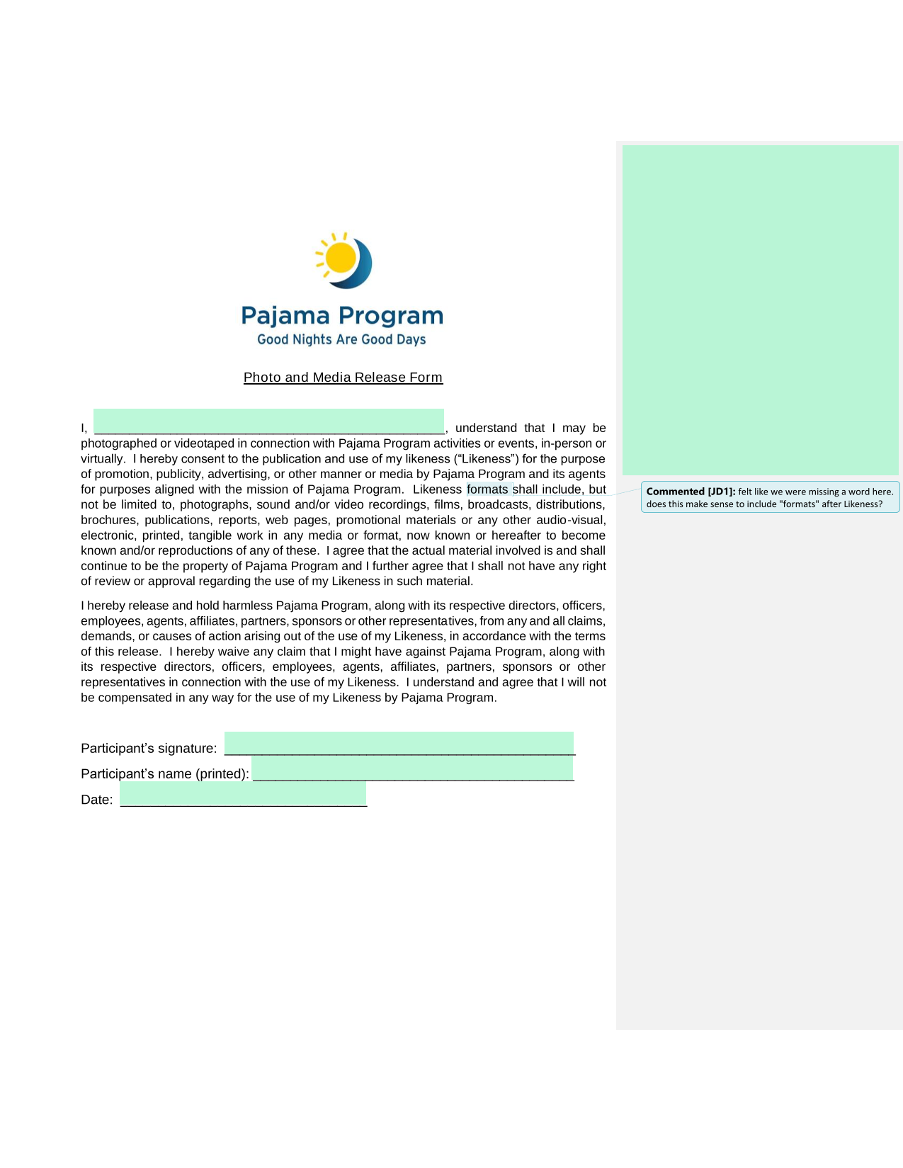 Photo And Media Release Form screenshot