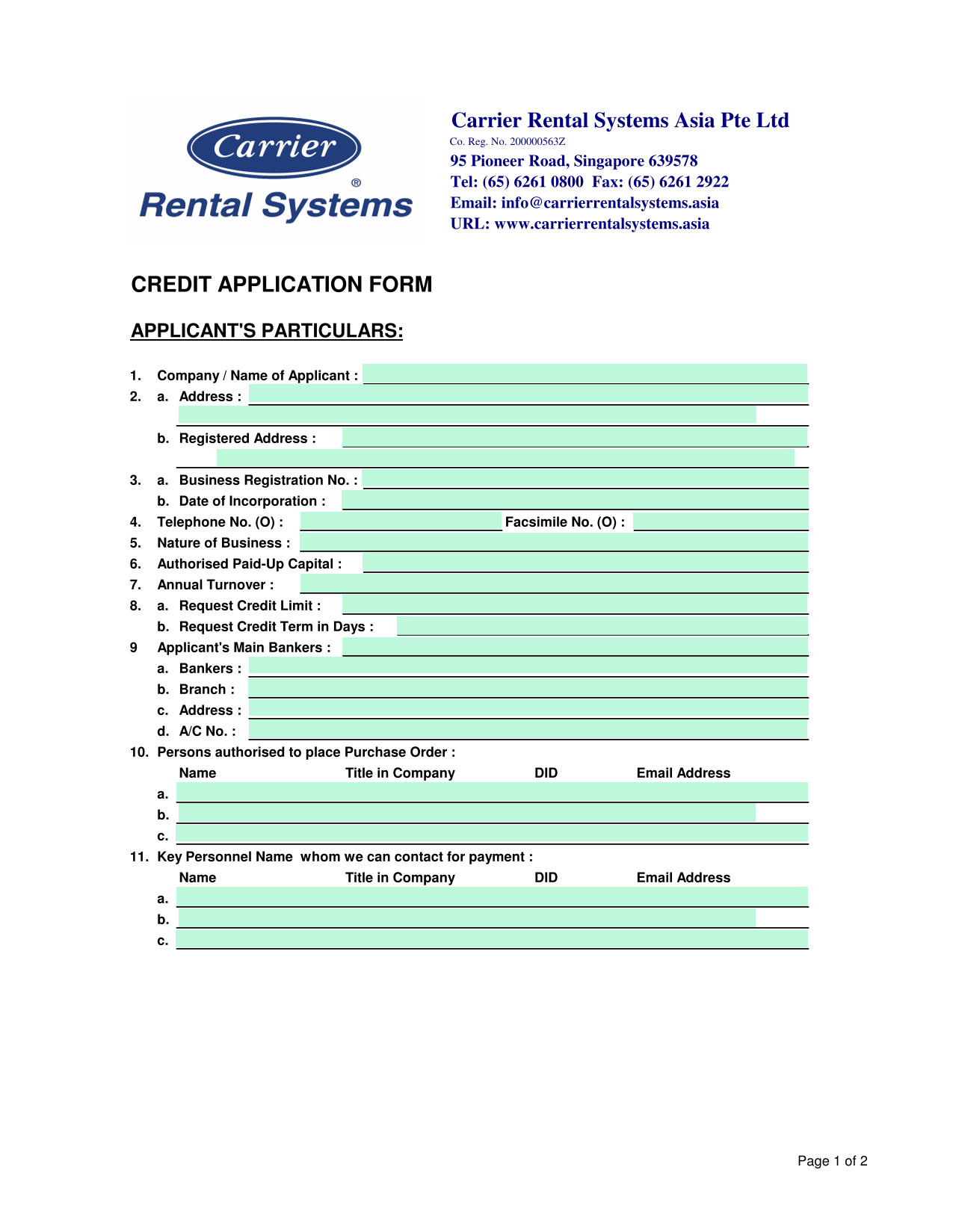 Credit Application Form screenshot