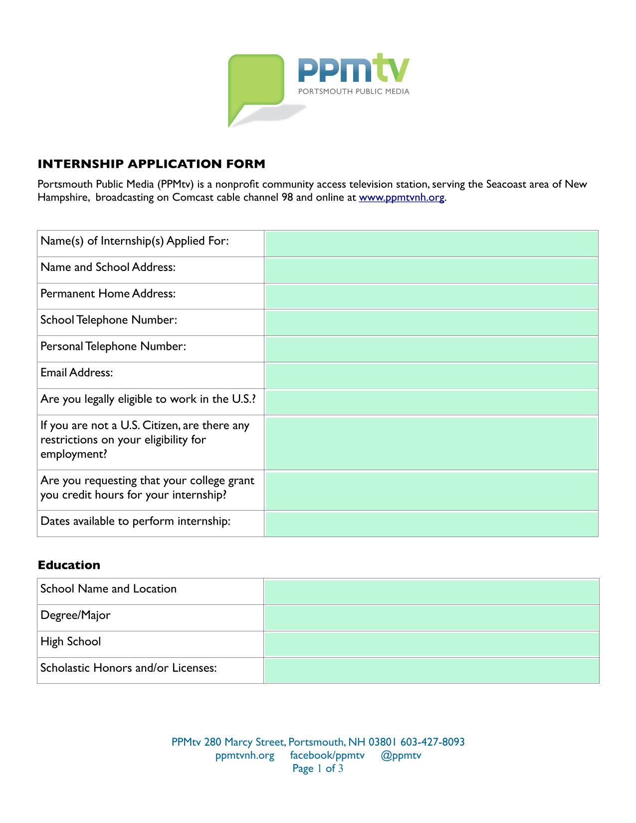 Internship Application Form screenshot