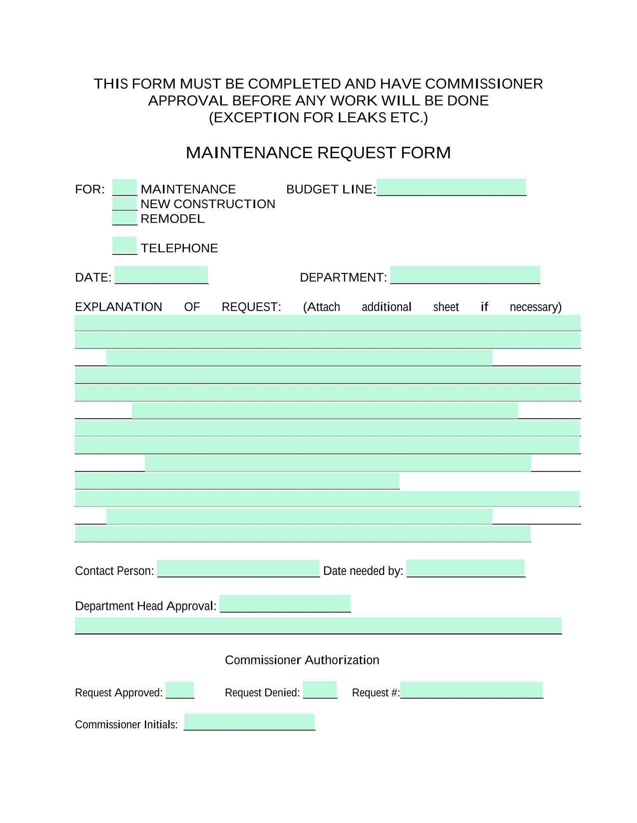 MAINTENANCE REQUEST FORM screenshot