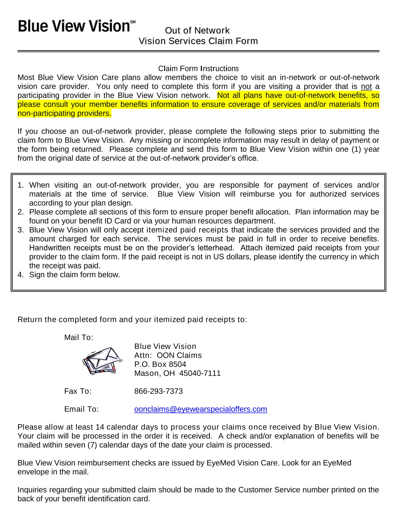 Out Of Network Vision Services Claim Form screenshot