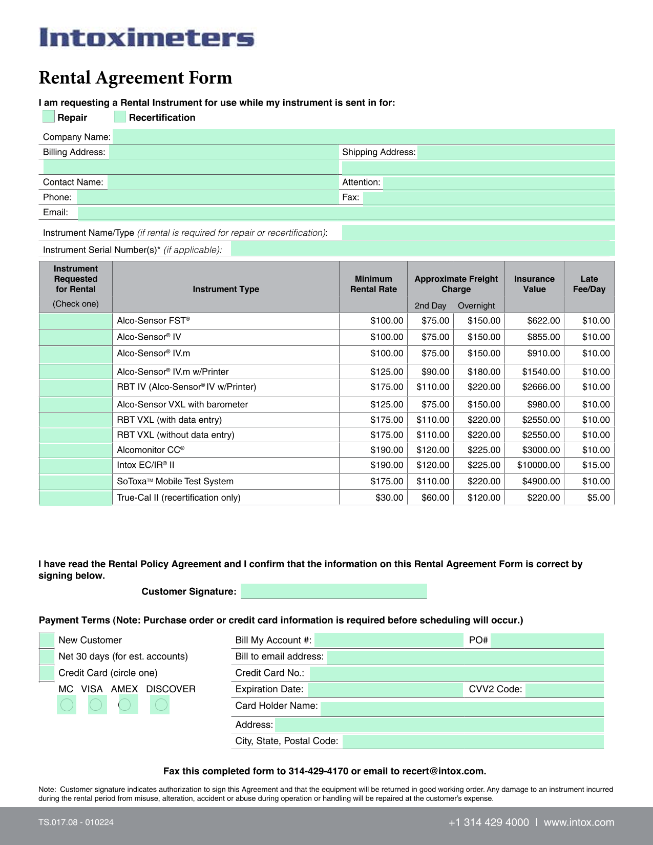 Rental Agreement Form screenshot