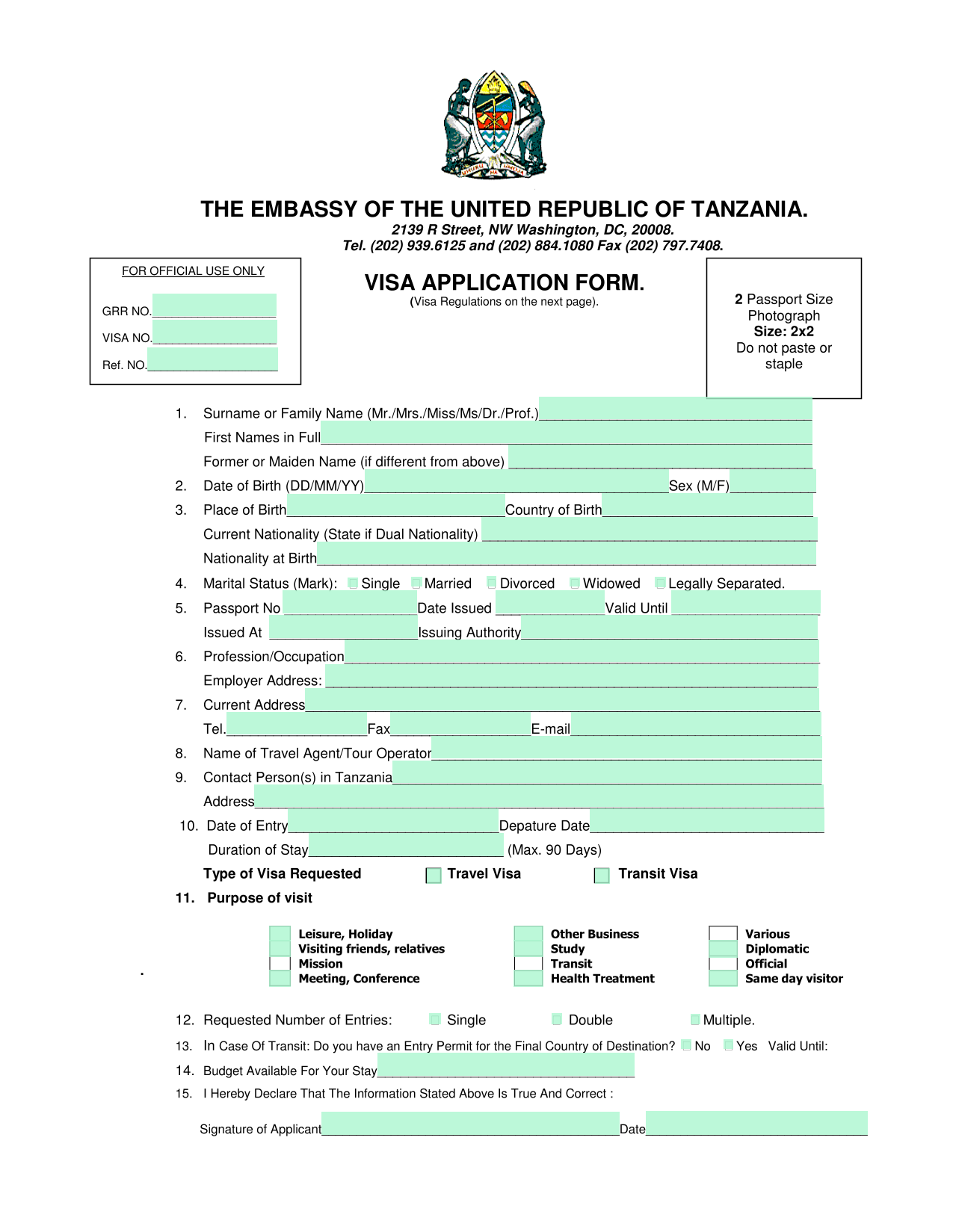 VISA APPLICATION FORM screenshot