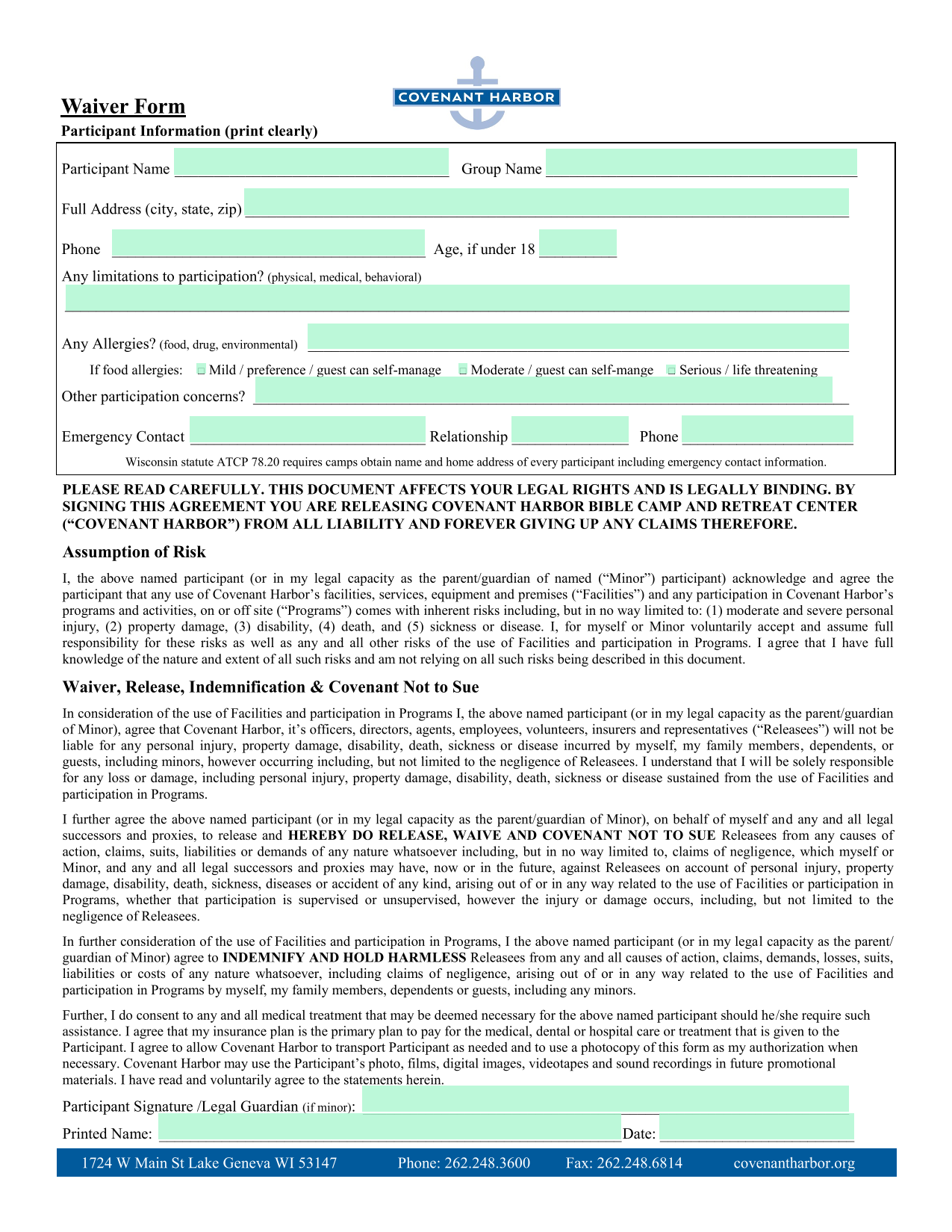 Waiver Form screenshot