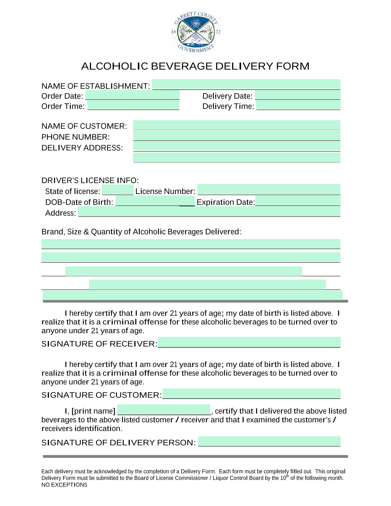 ALCOHOLIC BEVERAGE DELIVERY FORM screenshot