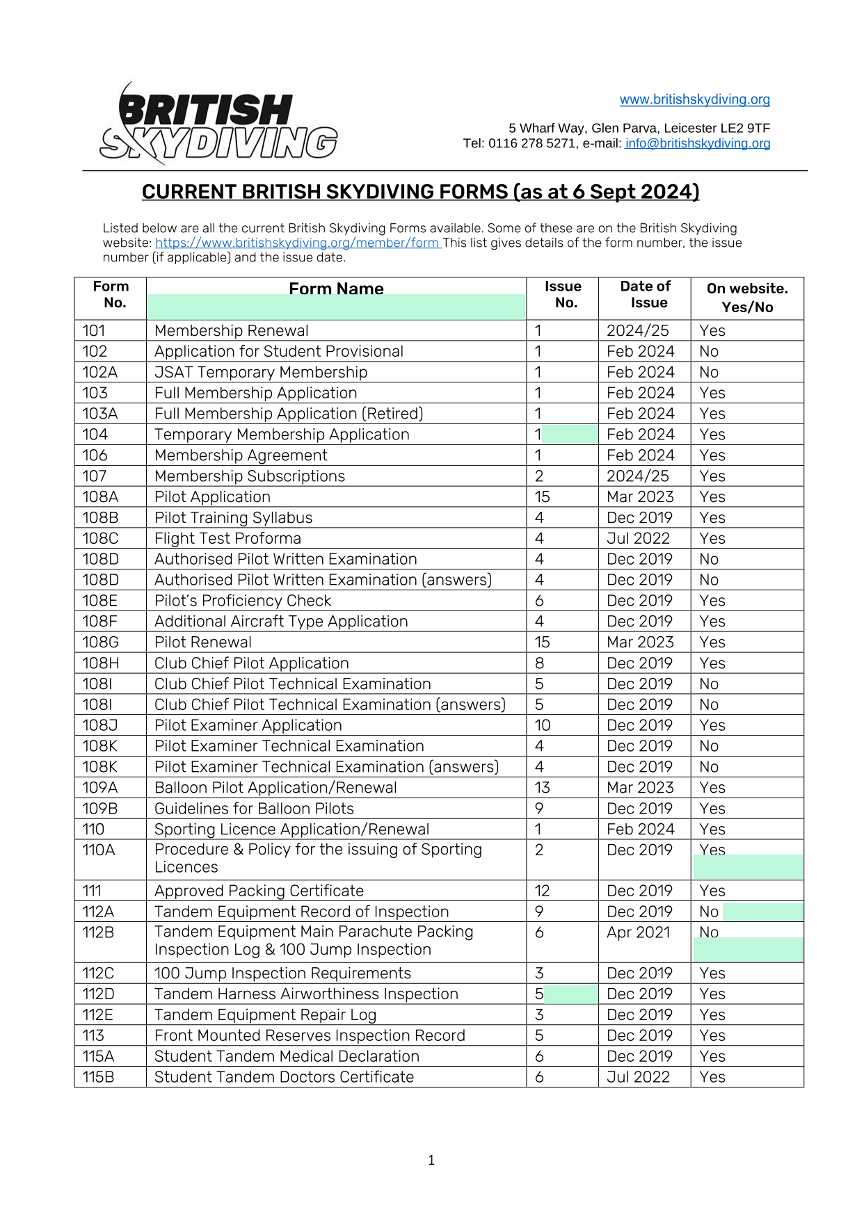 CURRENT BRITISH SKYDIVING FORMS screenshot