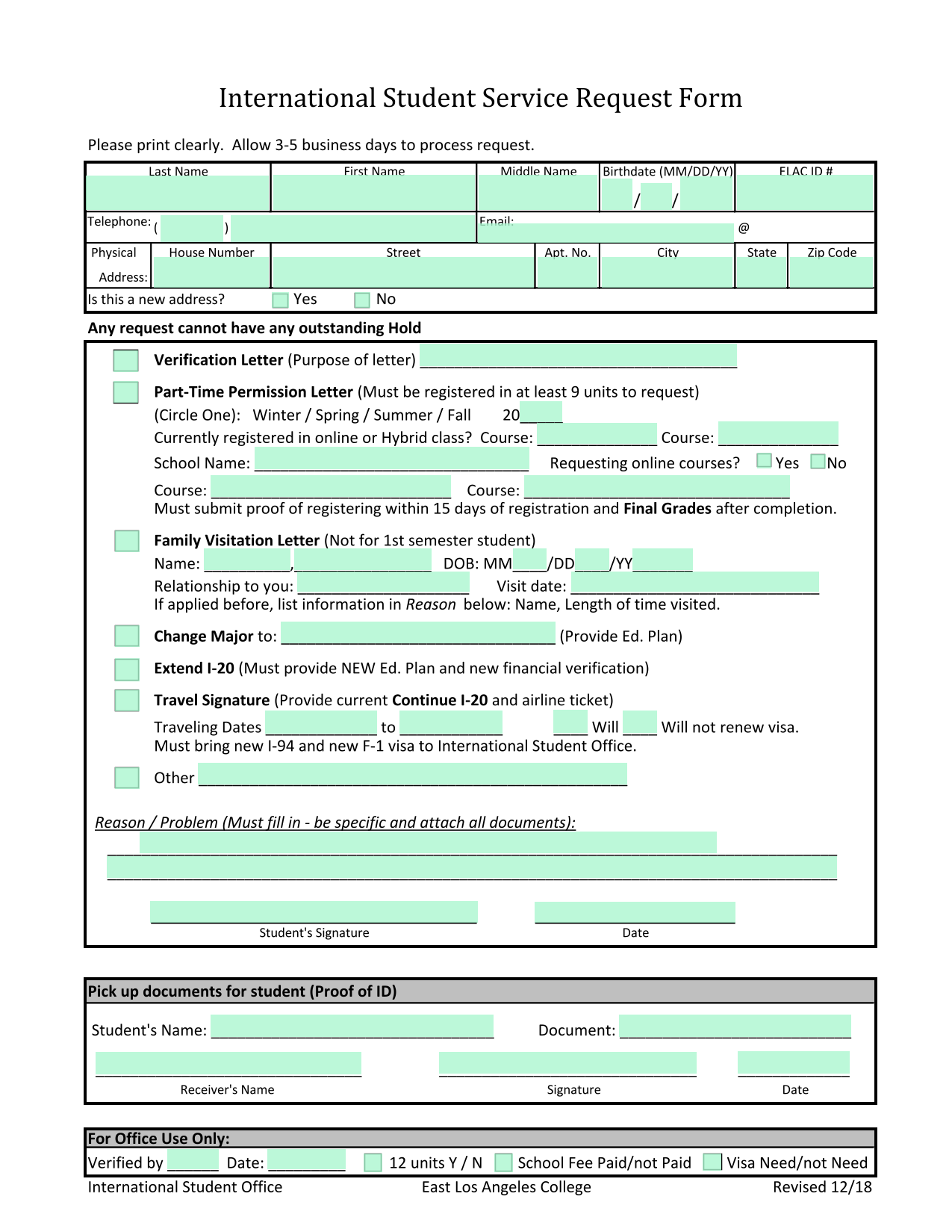 International Student Service Request Form screenshot