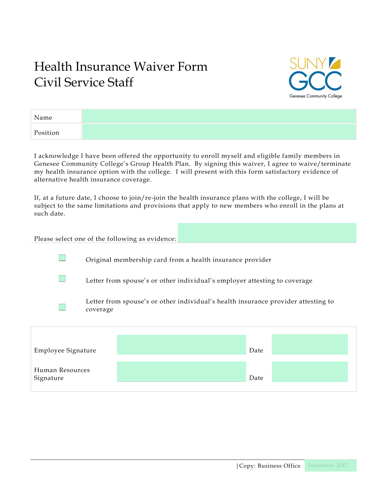 Health Insurance Waiver Form screenshot