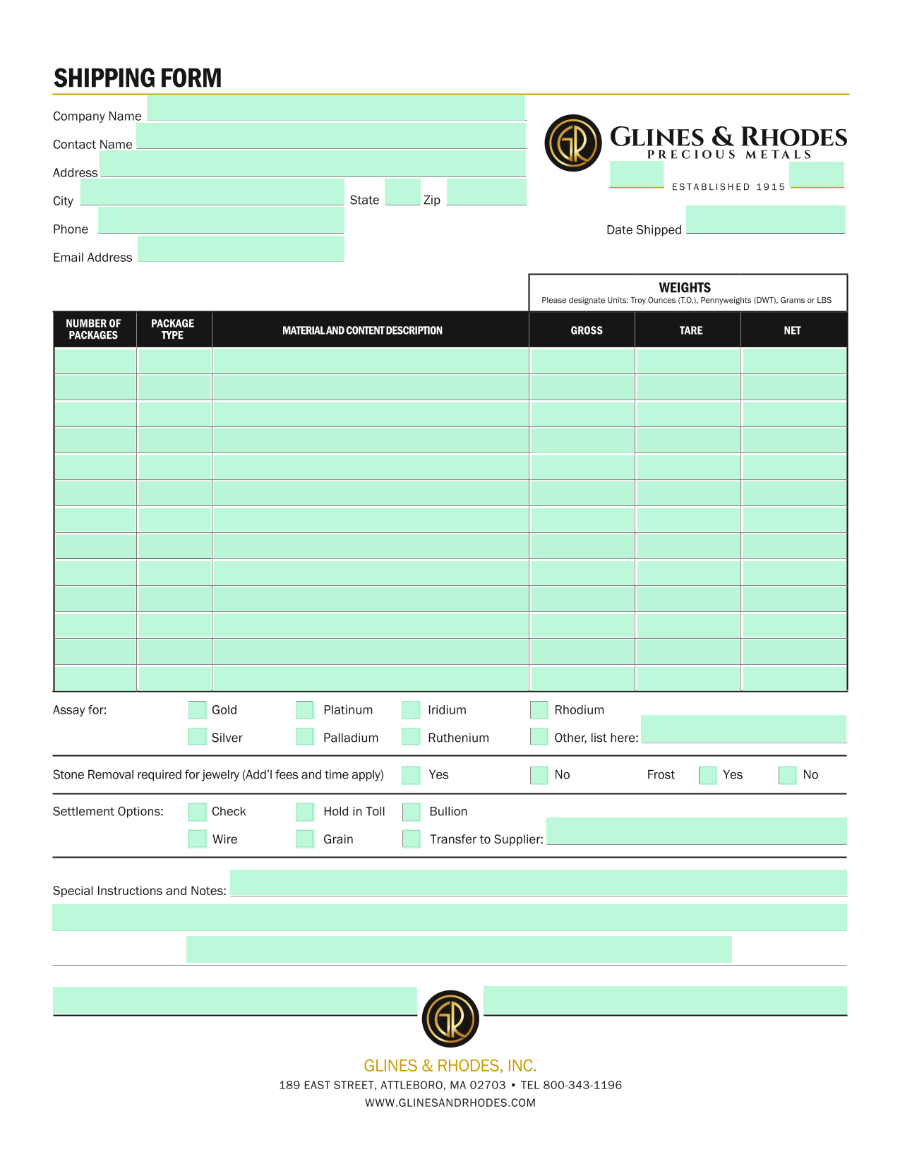 Shipping Form screenshot