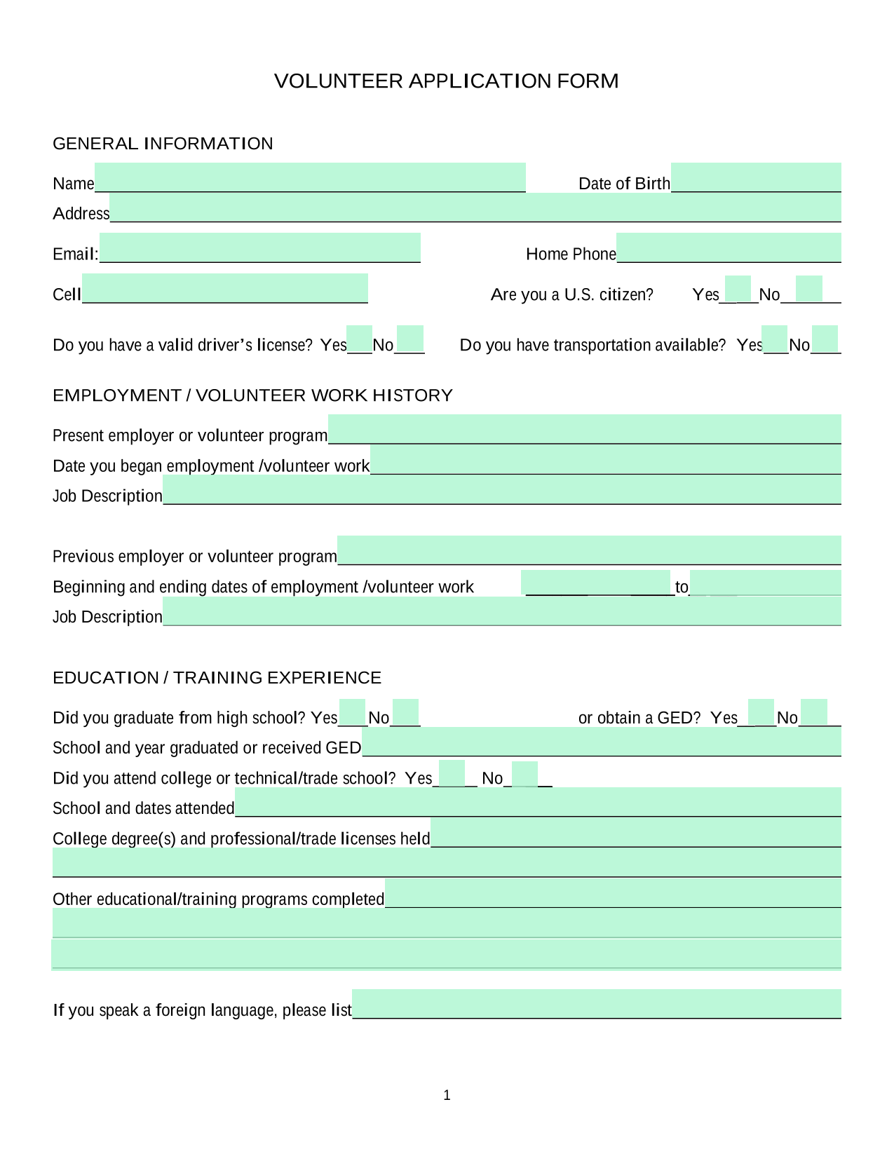 VOLUNTEER APPLICATION FORM screenshot