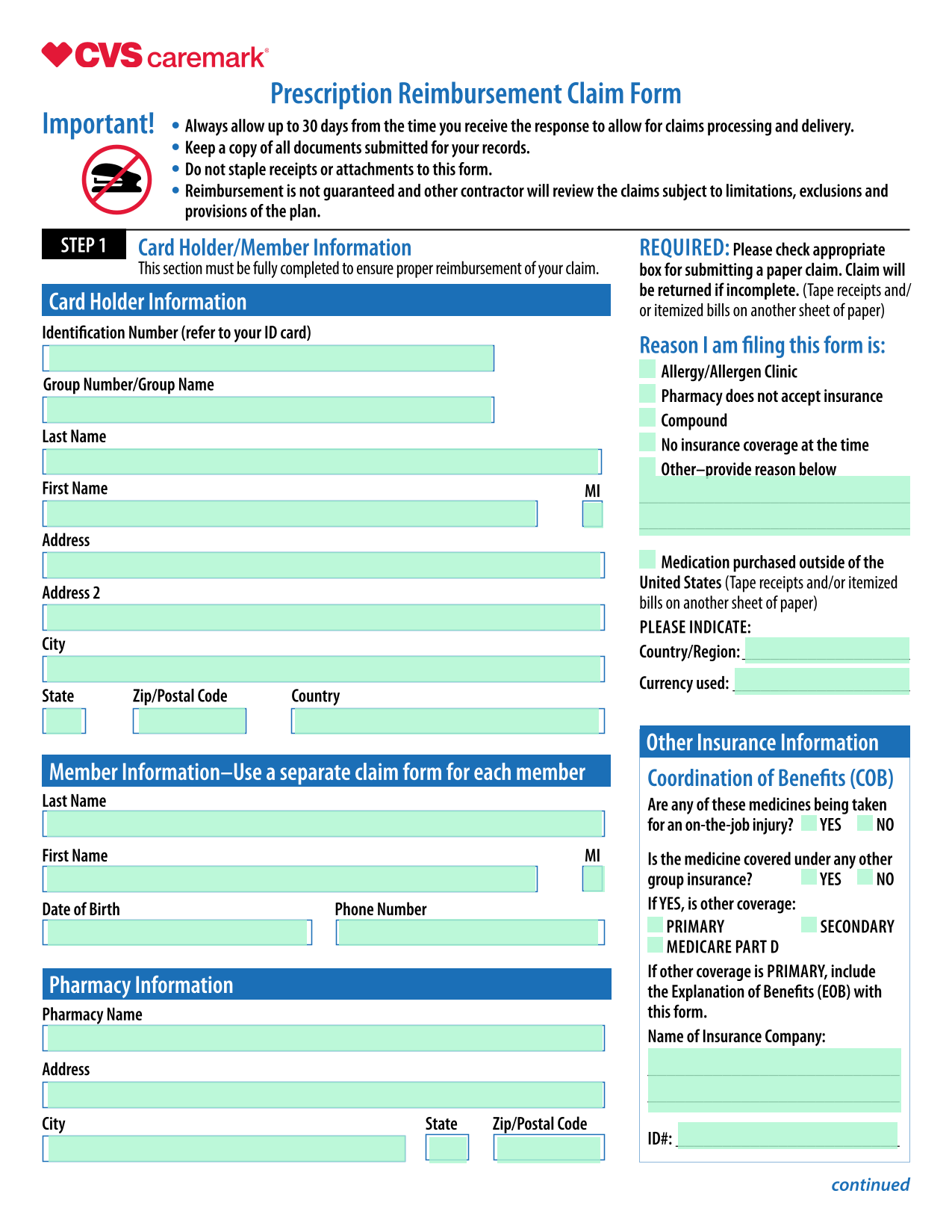 Prescription Reimbursement Claim Form screenshot