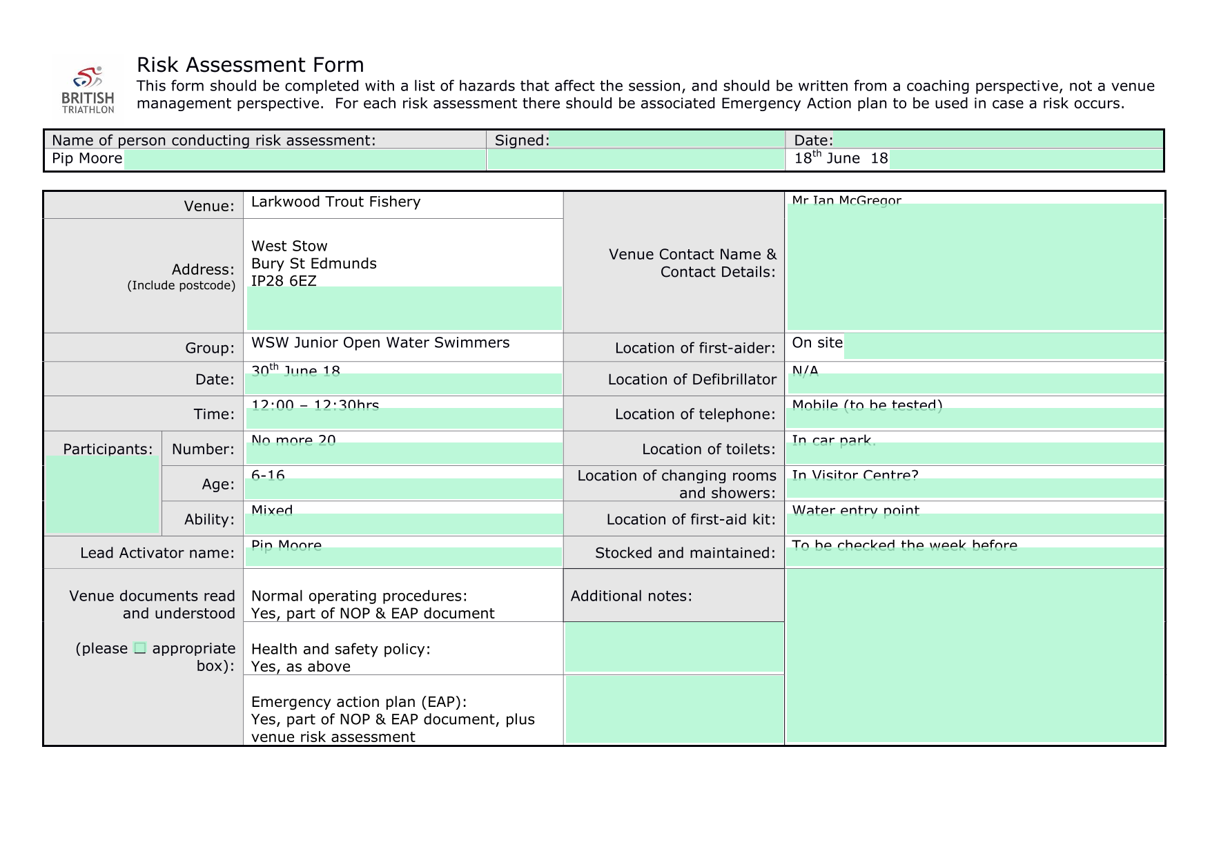 Risk Assessment Form screenshot