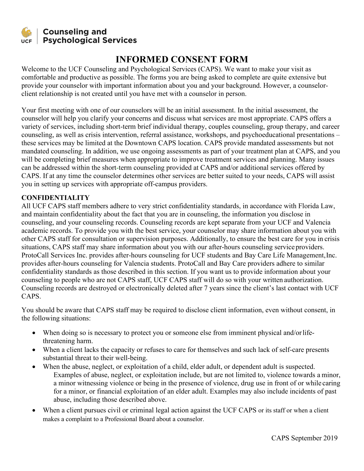 CAPS Informed Consent Form screenshot