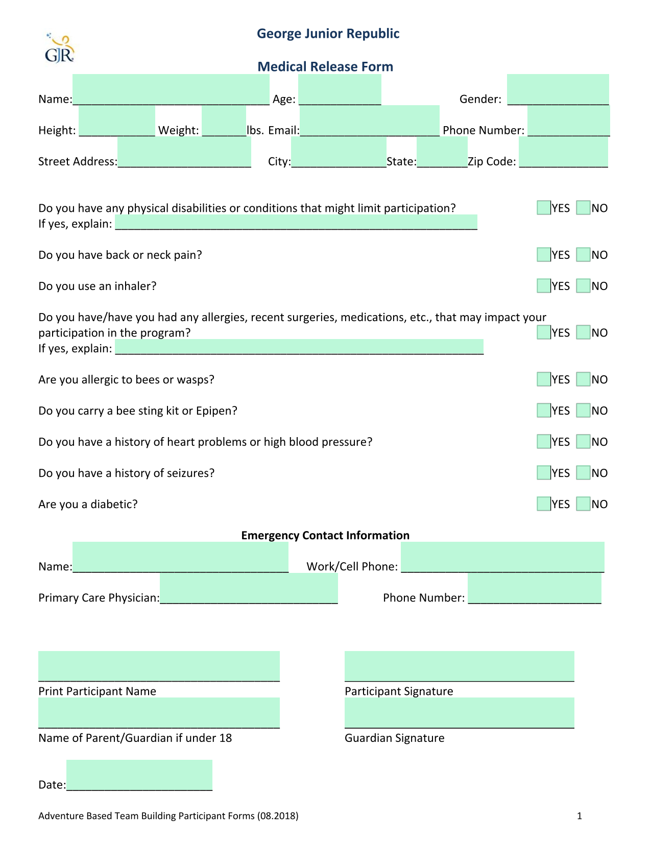 Medical Release Form screenshot