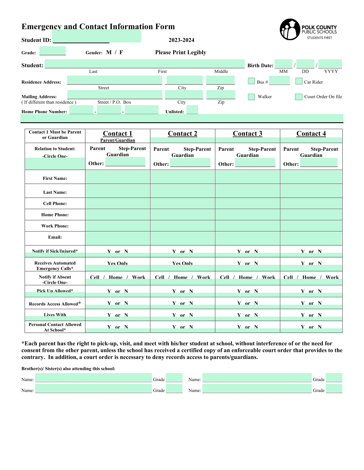 Emergency And Contact Information Form screenshot