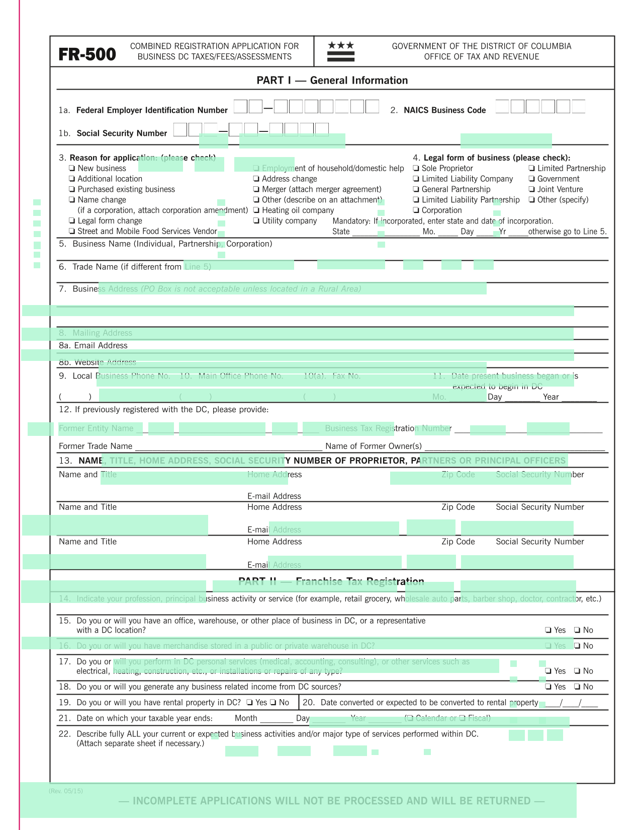 Combined Registration Application For Business DC TaxesFeesAssessments screenshot