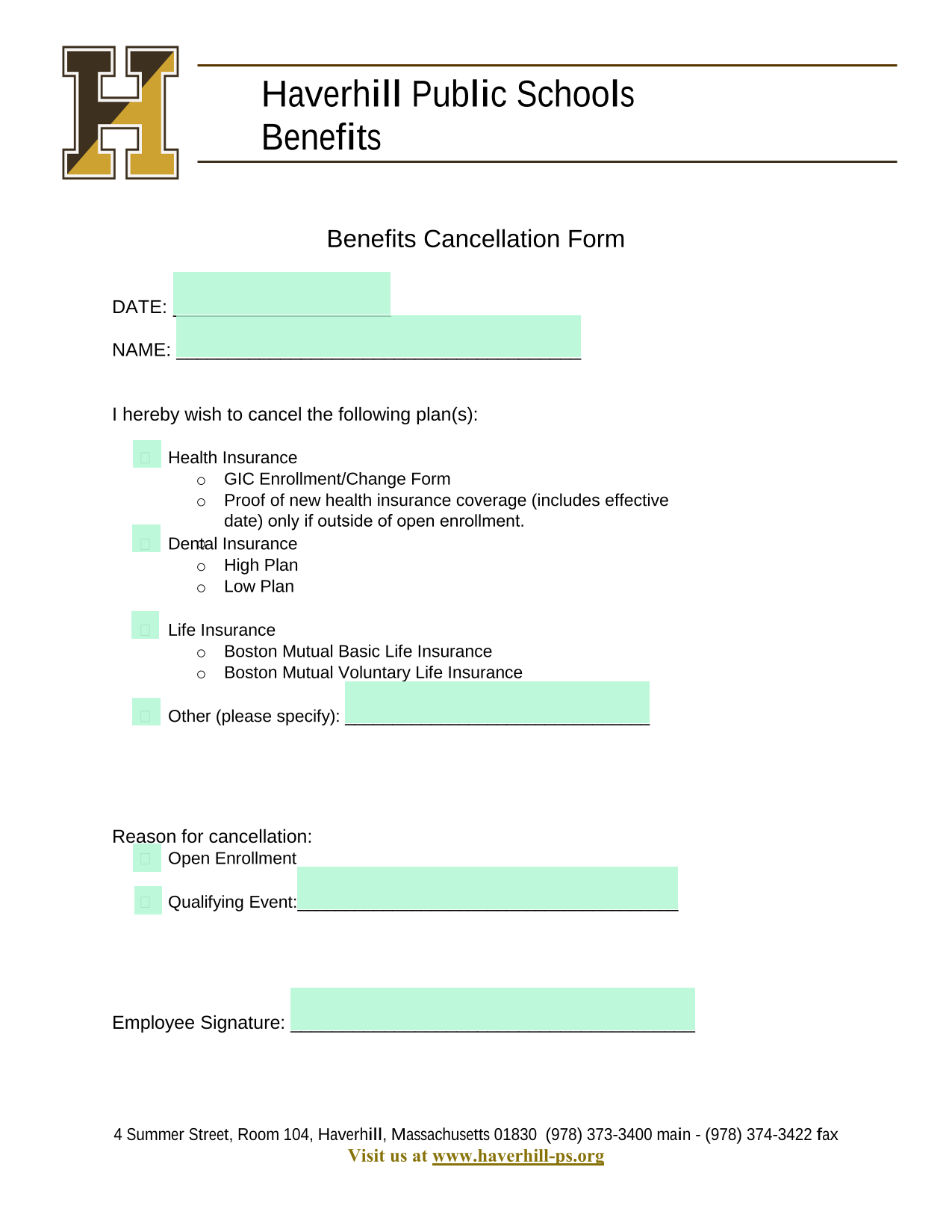 Benefits Cancellation Form screenshot