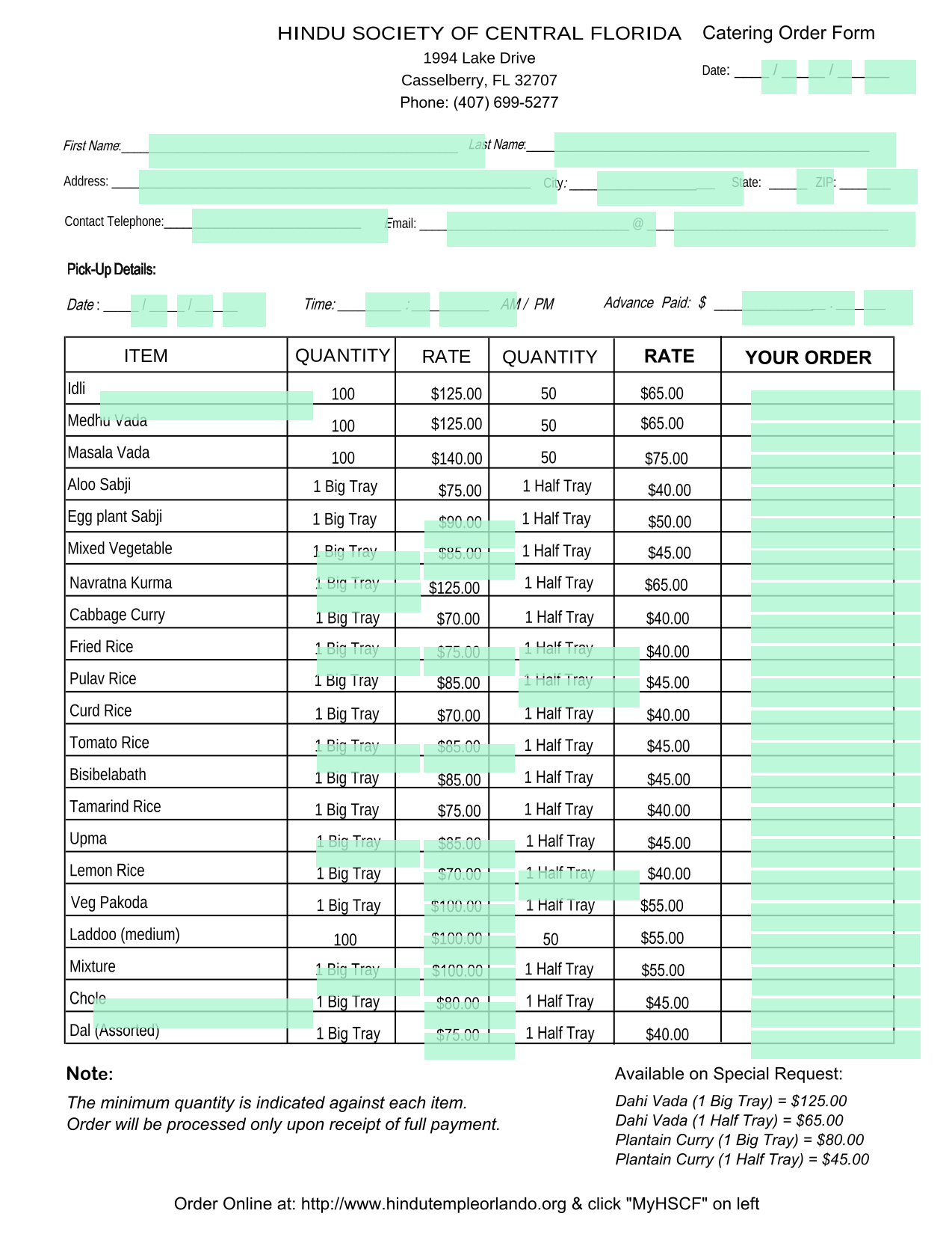 Catering Order Form screenshot