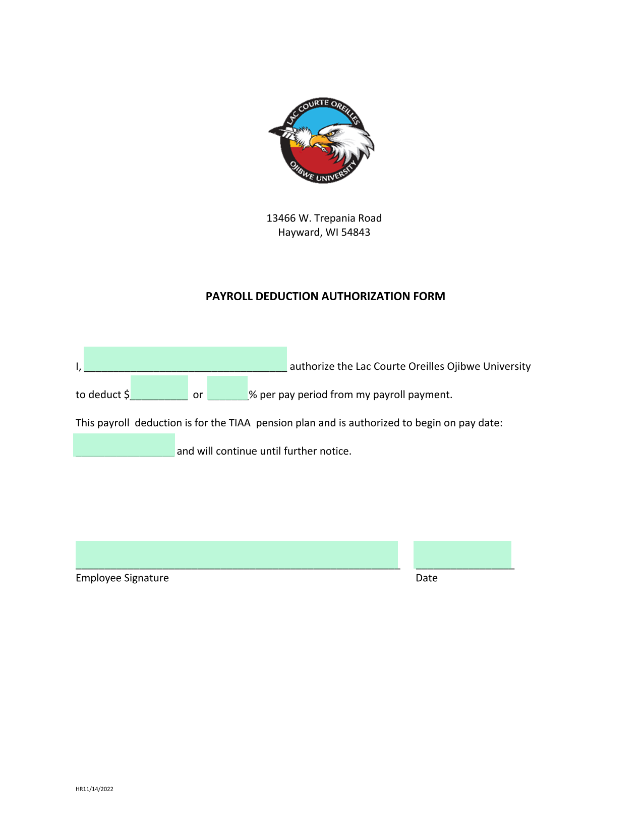 Payroll Deduction Authorization Form screenshot