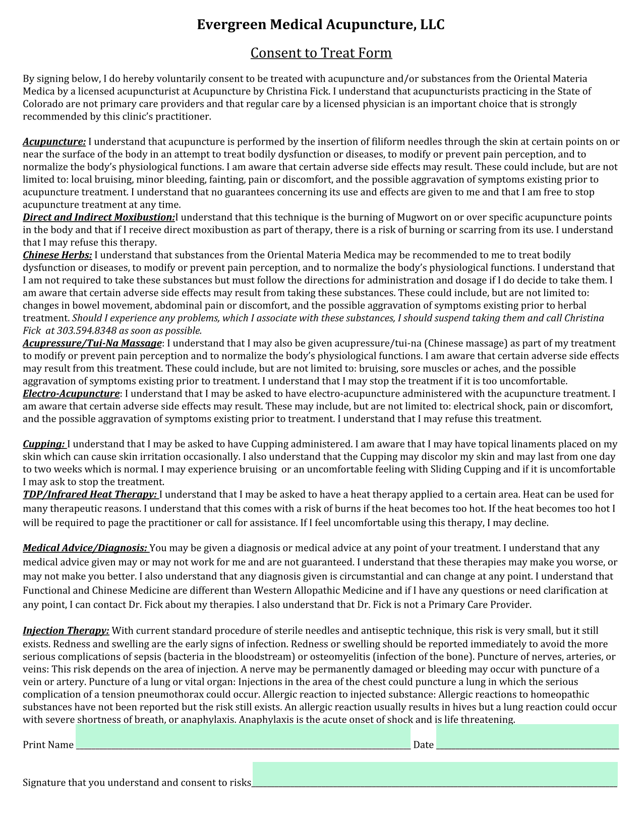 Consent To Treat Form screenshot