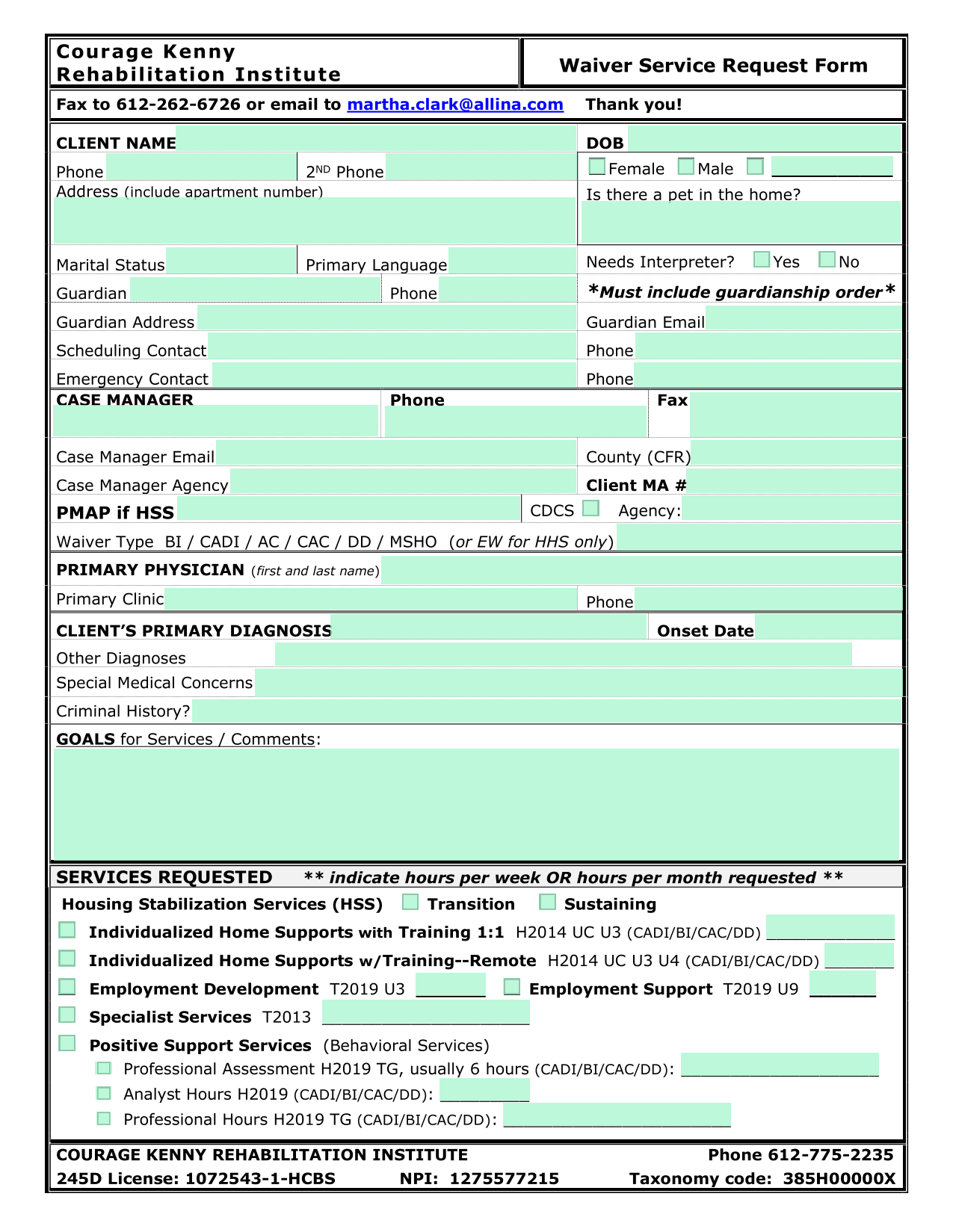Waiver Service Request Form screenshot