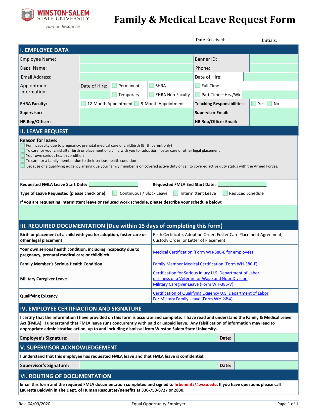 Family  Medical Leave Request Form screenshot
