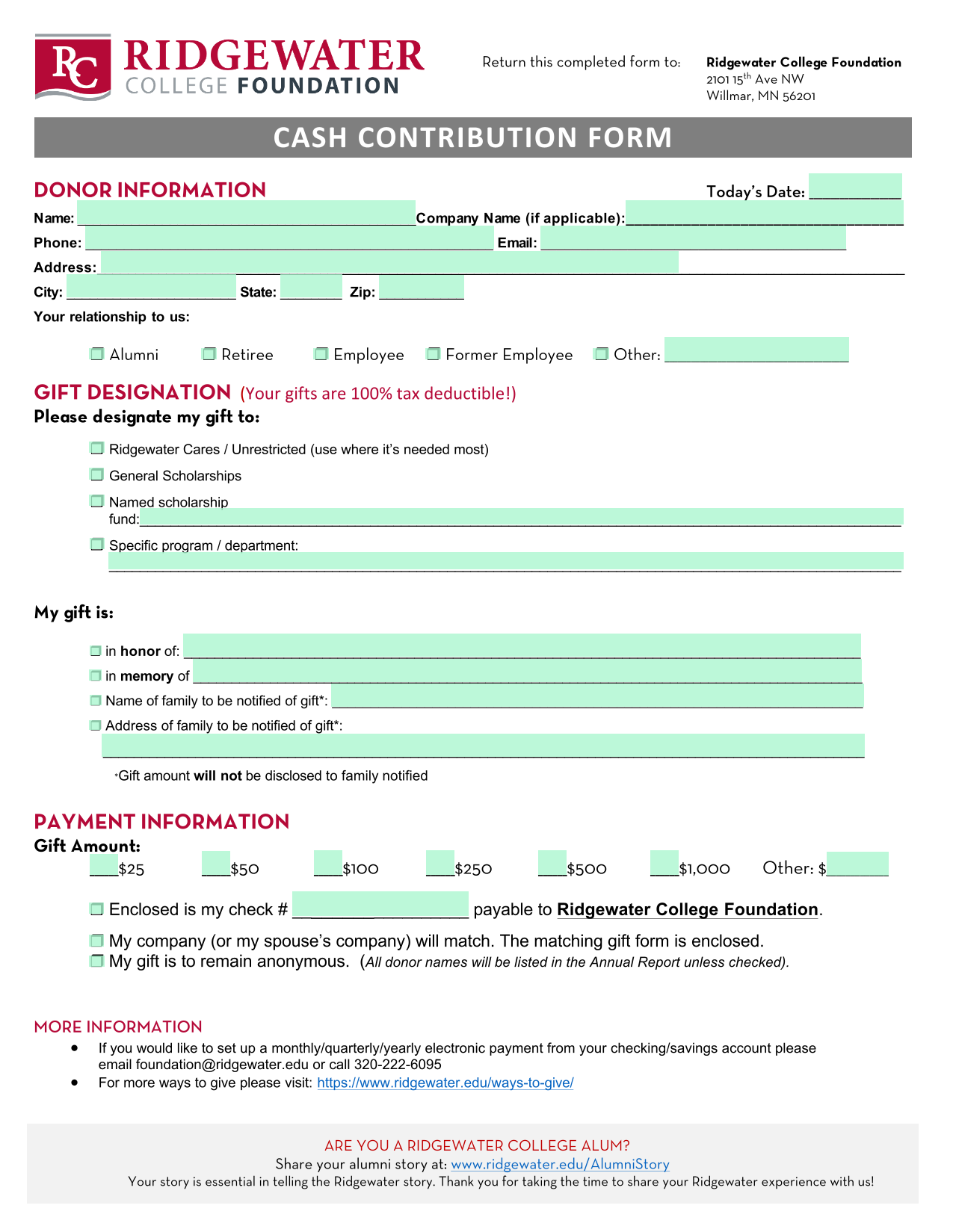Cash Contribution Form screenshot