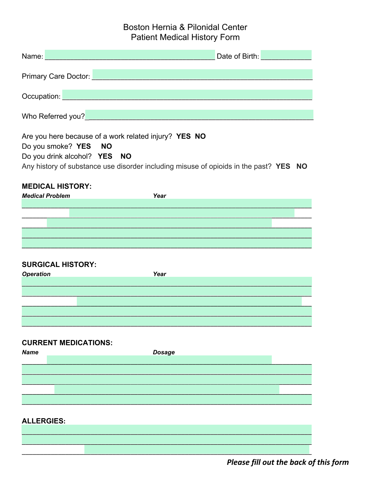 Patient Medical History Form screenshot