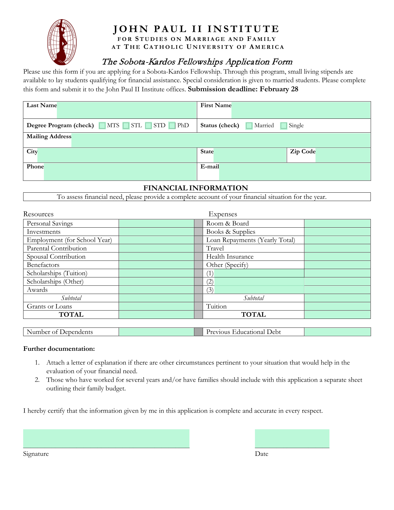 The Sobota Kardos Fellowships Application Form screenshot