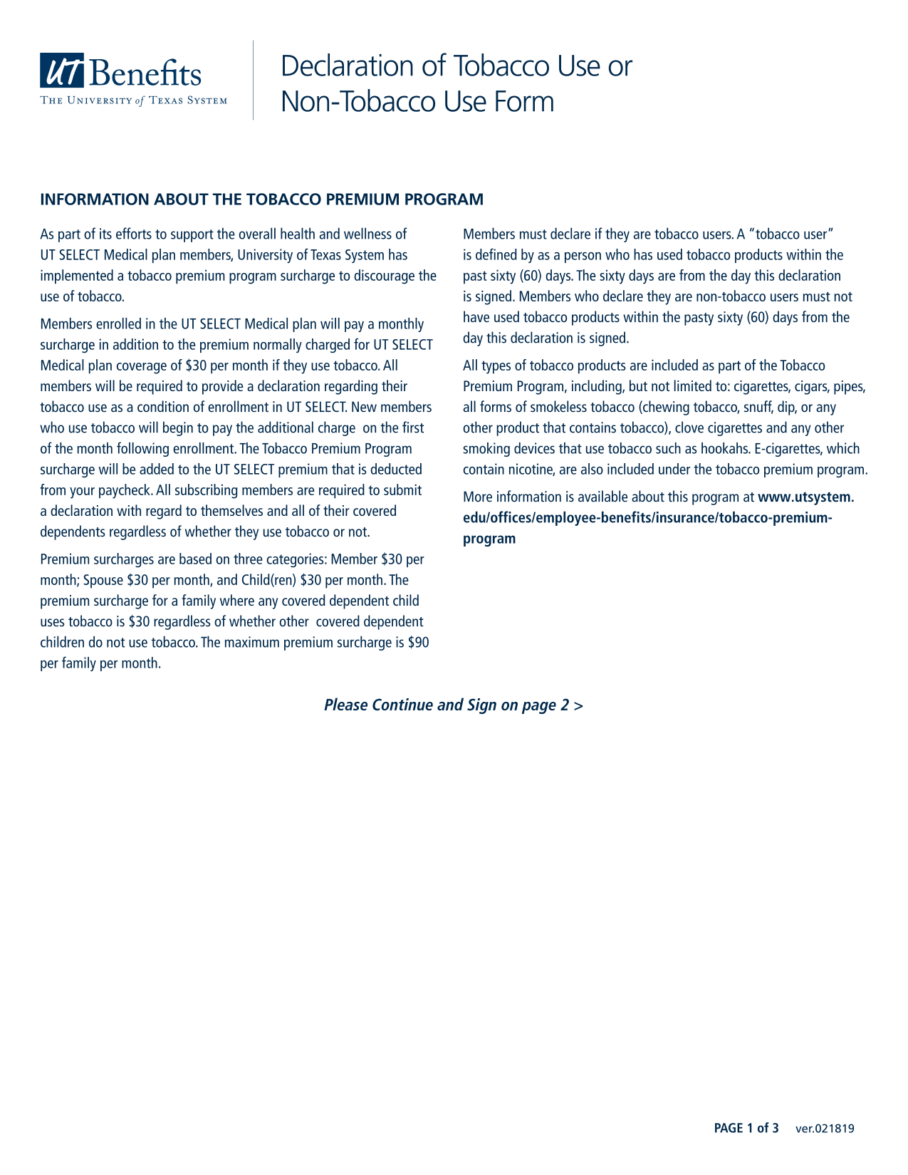 Declaration Of Tobacco Use Or Non Tobacco Use Form screenshot
