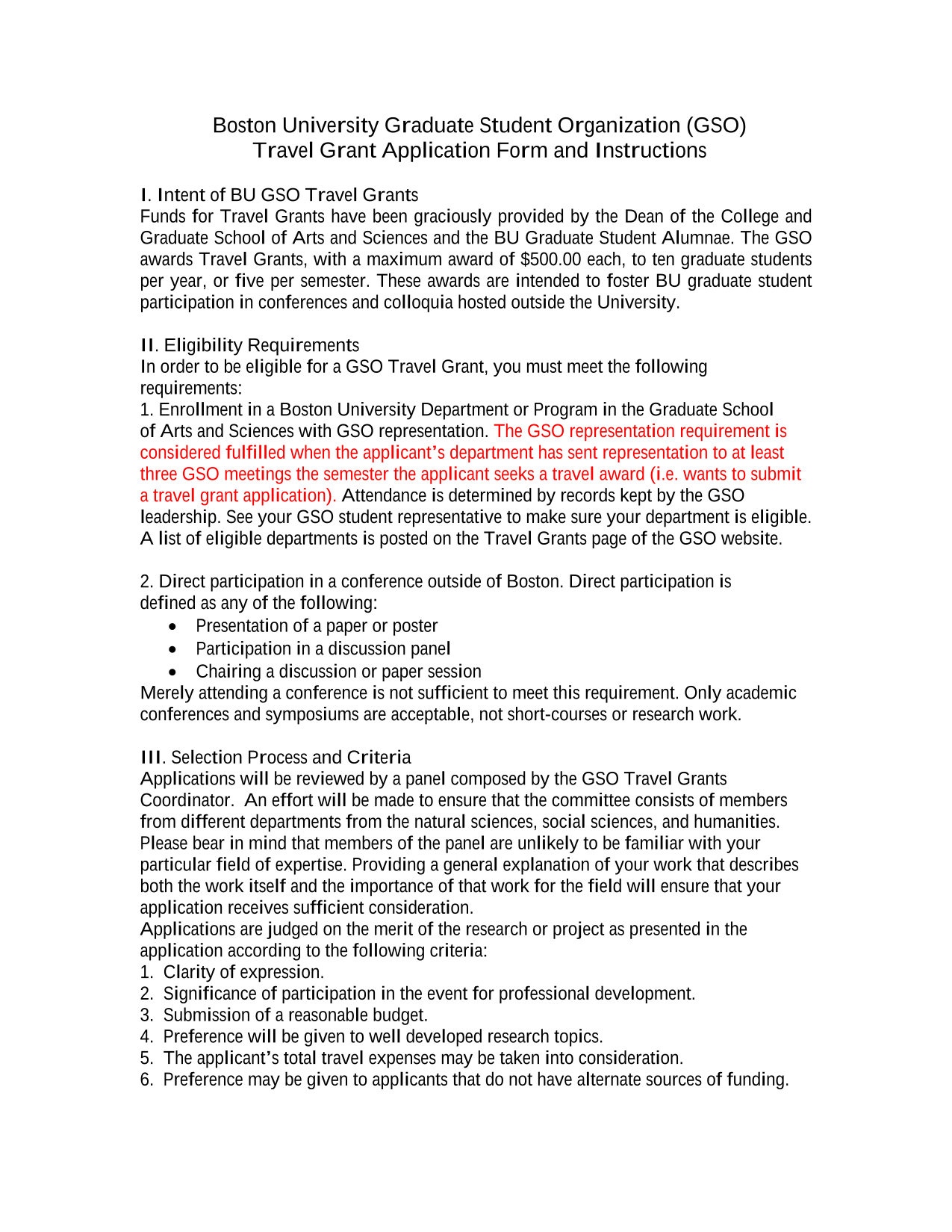 Boston University Graduate Student Organization (GSO) Travel Grant Application Form And Instructions screenshot
