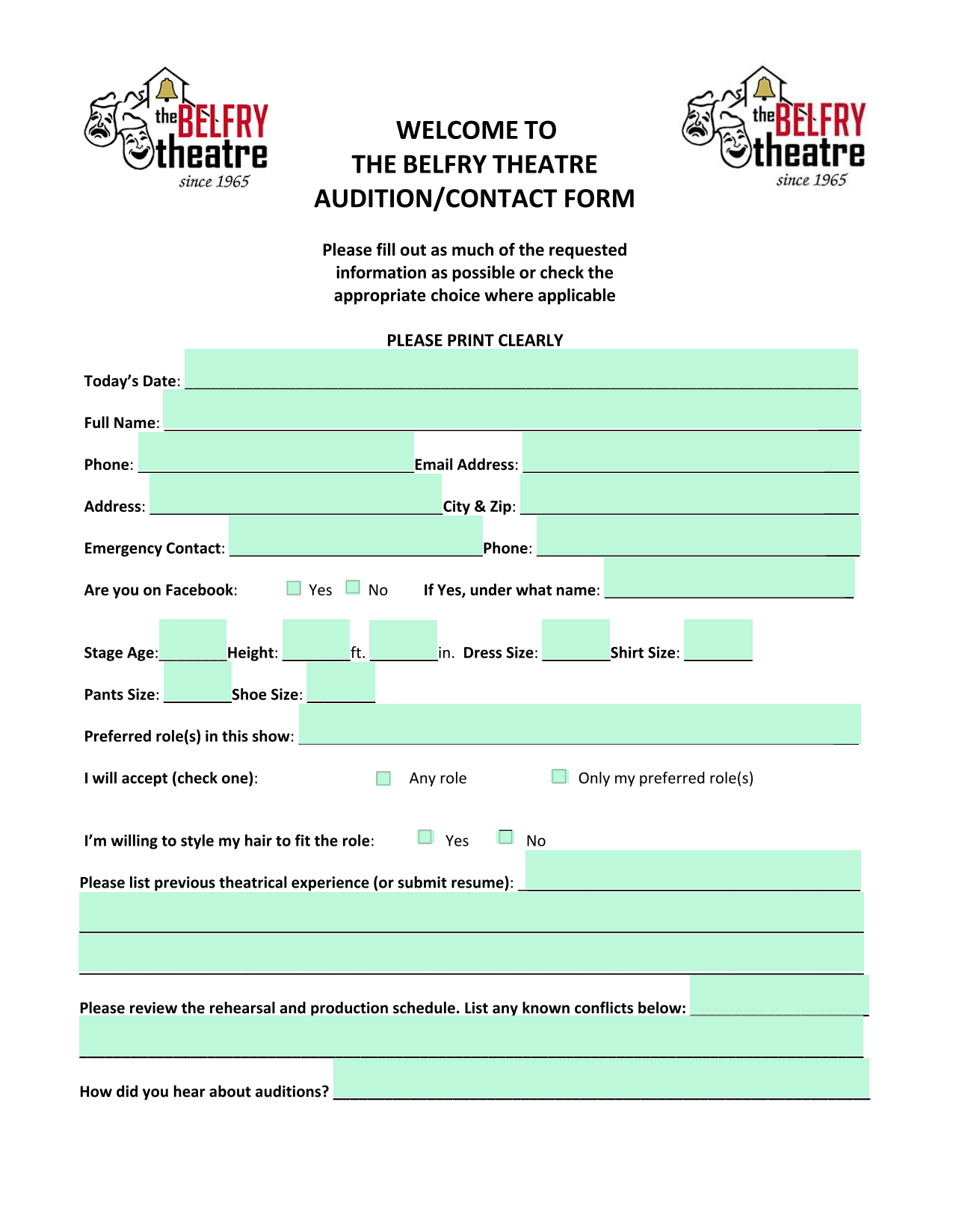 The Belfry Theatre AuditionContact Form screenshot