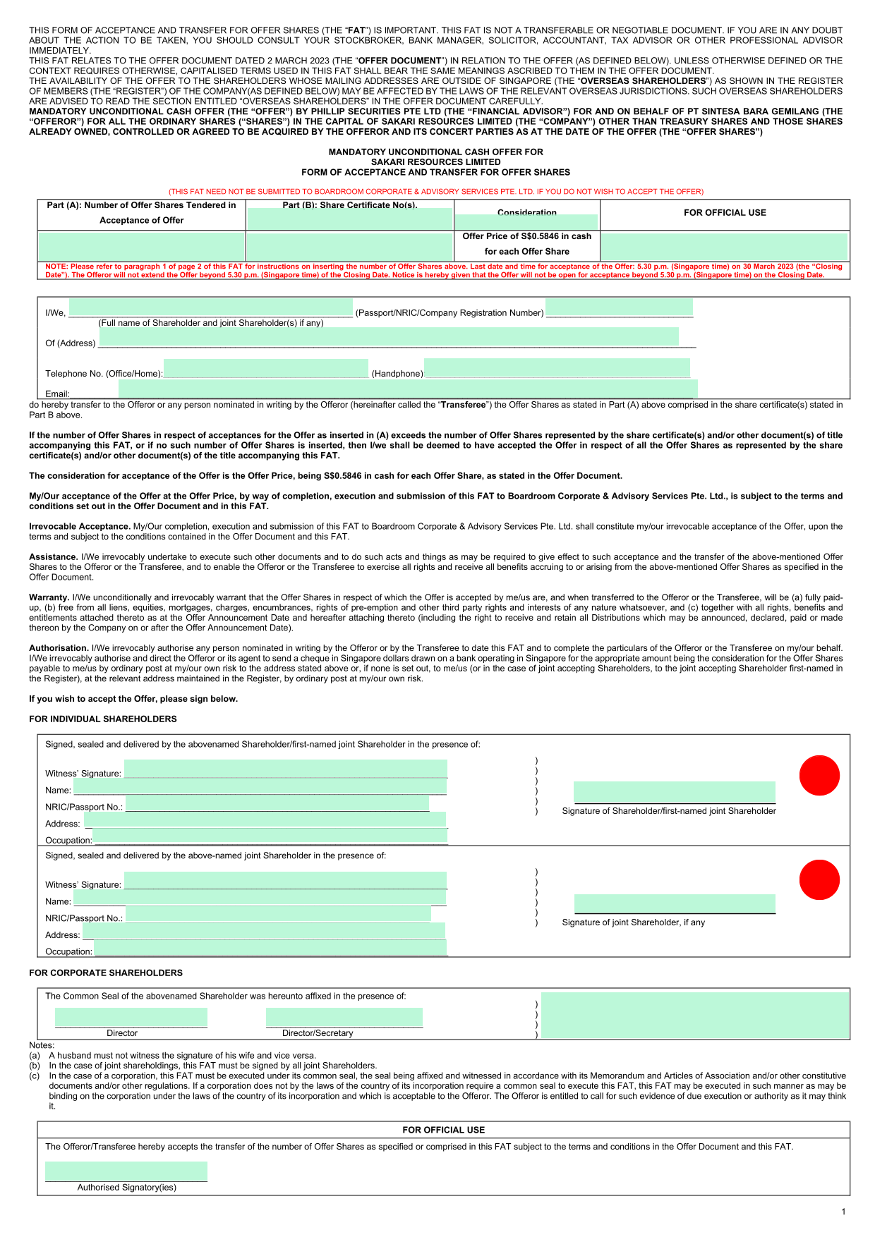 Form Of Acceptance And Transfer For Offer Shares screenshot