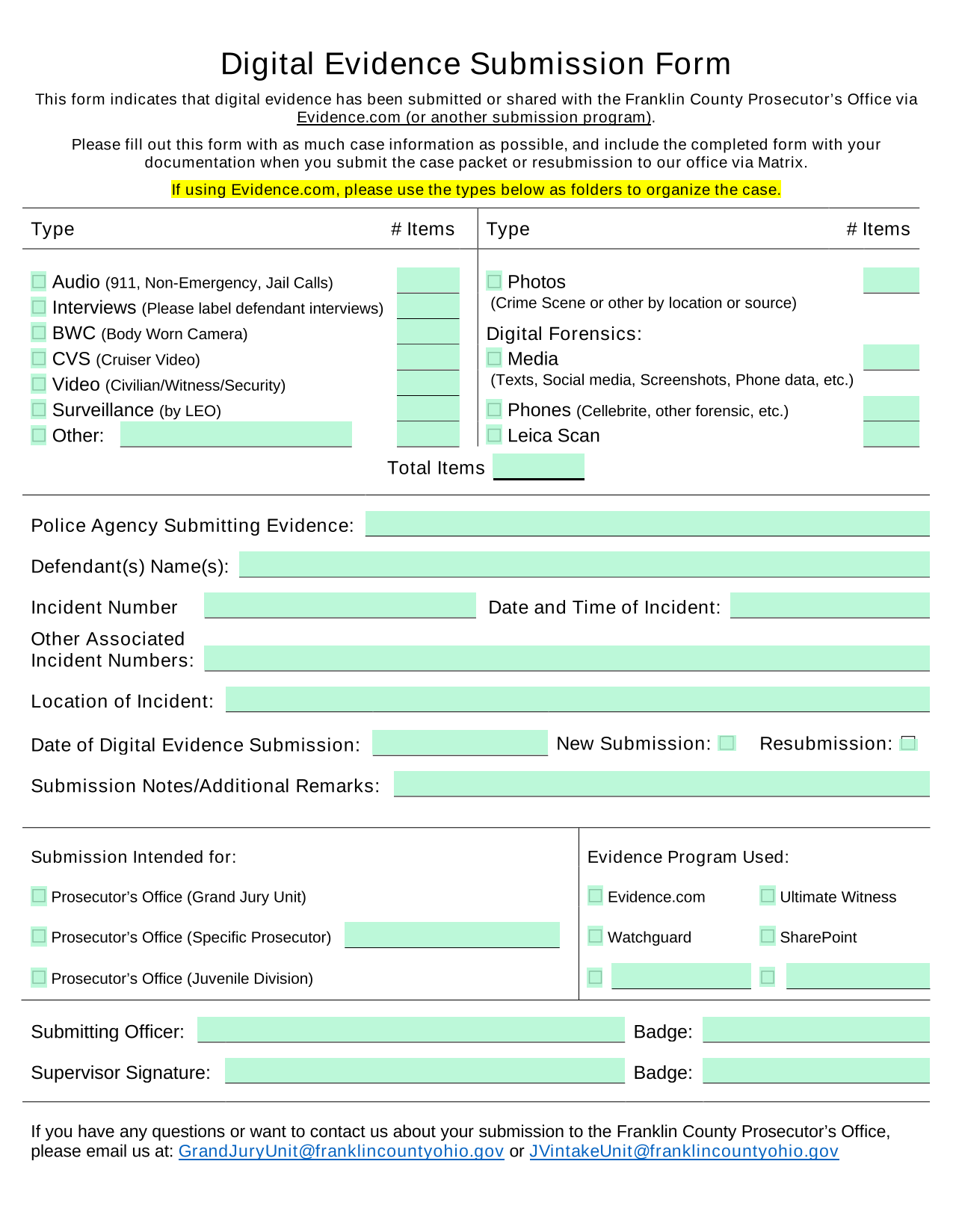 Digital Evidence Submission Form screenshot
